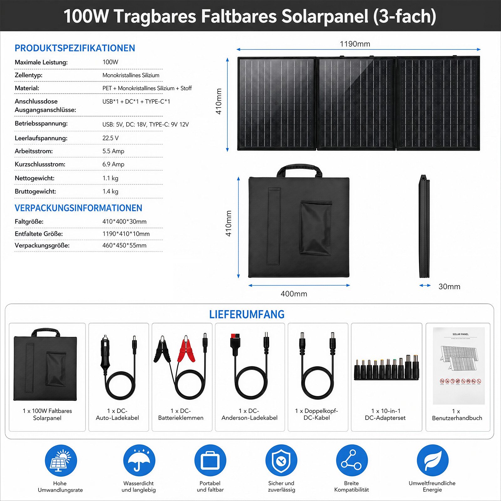 Rhein Beleuchtung Solarmodul 100W Solarpanel faltbar – Tragbares Solarmodul mit 3-fach Faltung, 100 W, monokristallines Silizium, (1-St., Für Powerstation, Camp – Bild 2 von 5