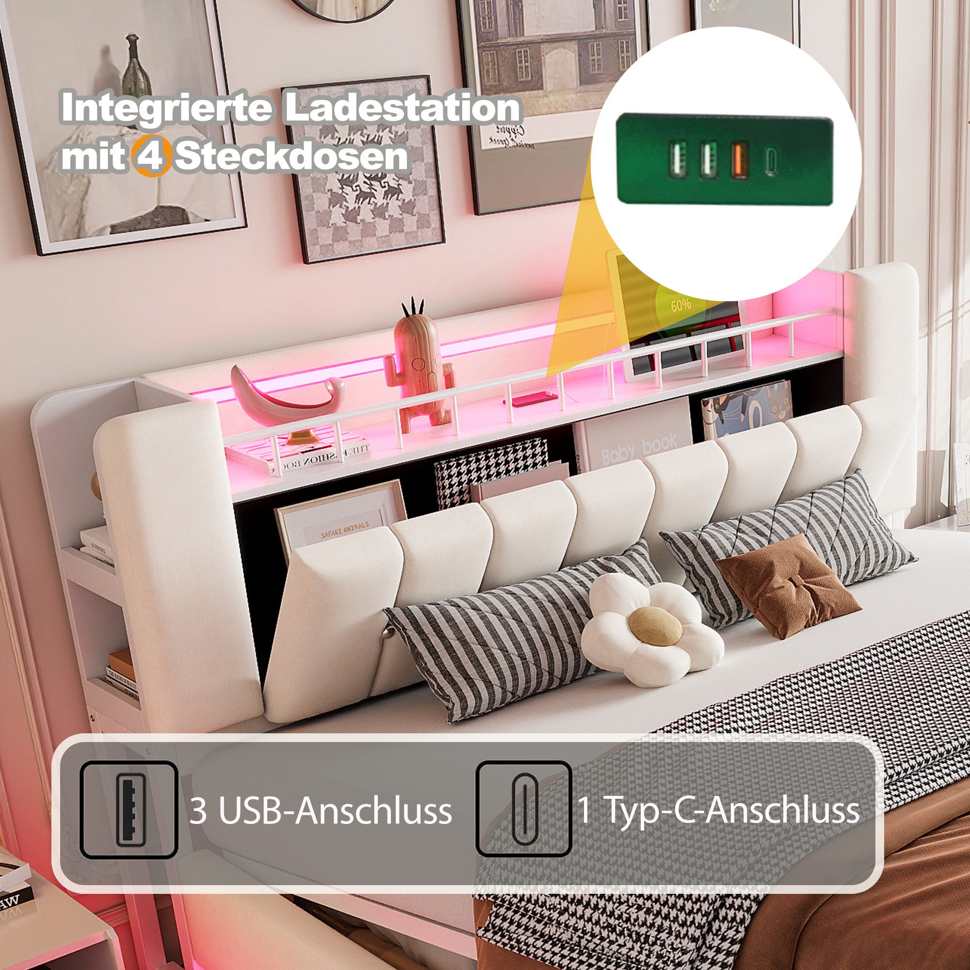 Merax Polsterbett mit LED-Beleuchtung und USB-Anschluss (Metalllattenrahmen & Samtbezug, 1-tlg., Kinderbett Einzelbett Mehrzweckbett Stauraumbett), Doppelbett 1 – Bild 5 von 5