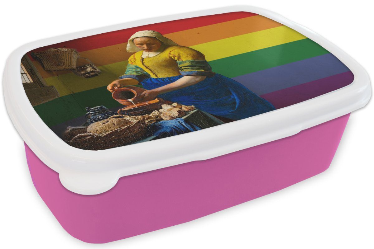 MuchoWow Lunchbox Milchmädchen - Kunststoff Kunststoff, Kinder, rosa für Erwachsene, Brotbox Brotdose Stolz, Vermeer Mädchen, (2-tlg), Snackbox, 