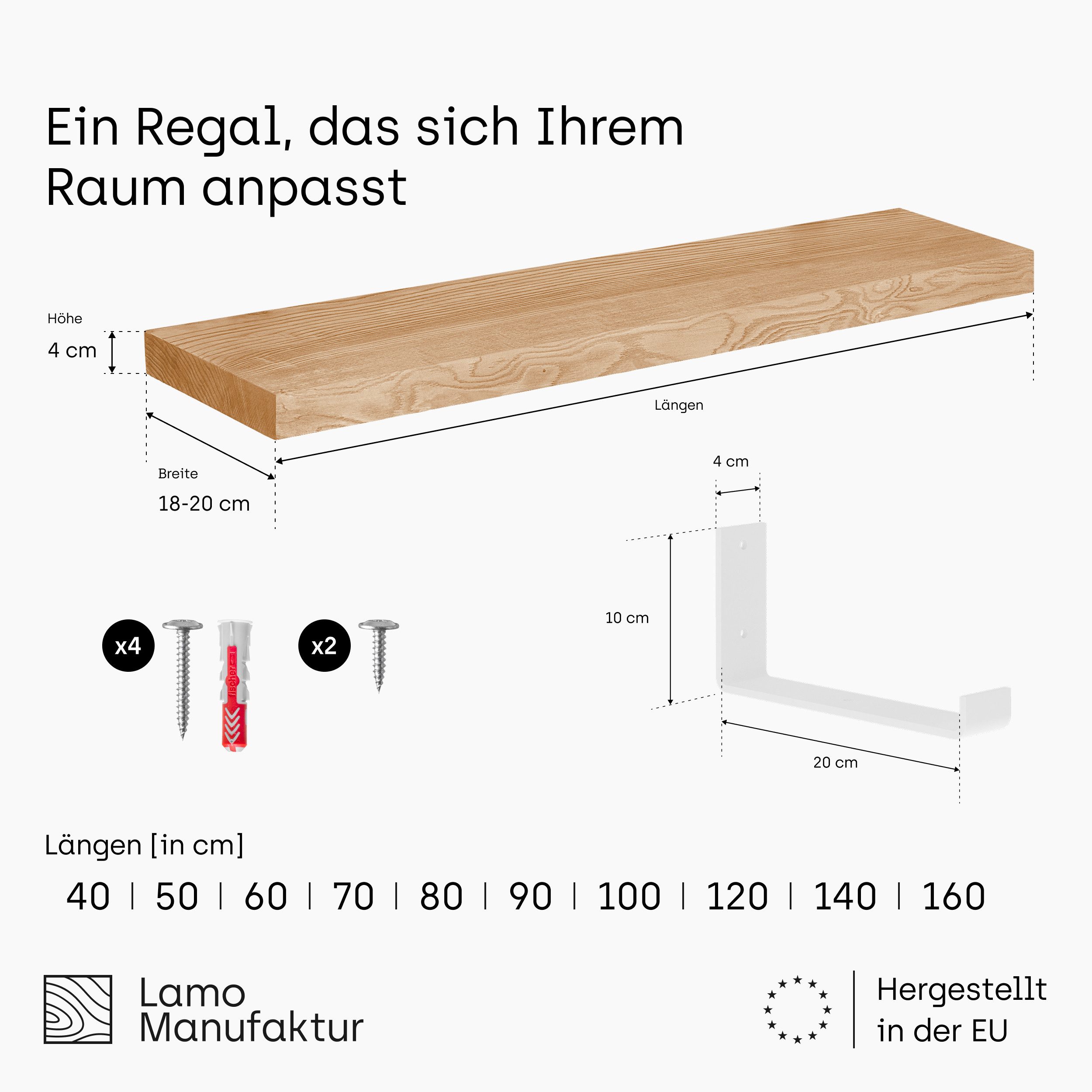 LAMO Manufaktur Wandregal Holz Gerade Regal Farbe: Natur mit weißem Industr günstig online kaufen