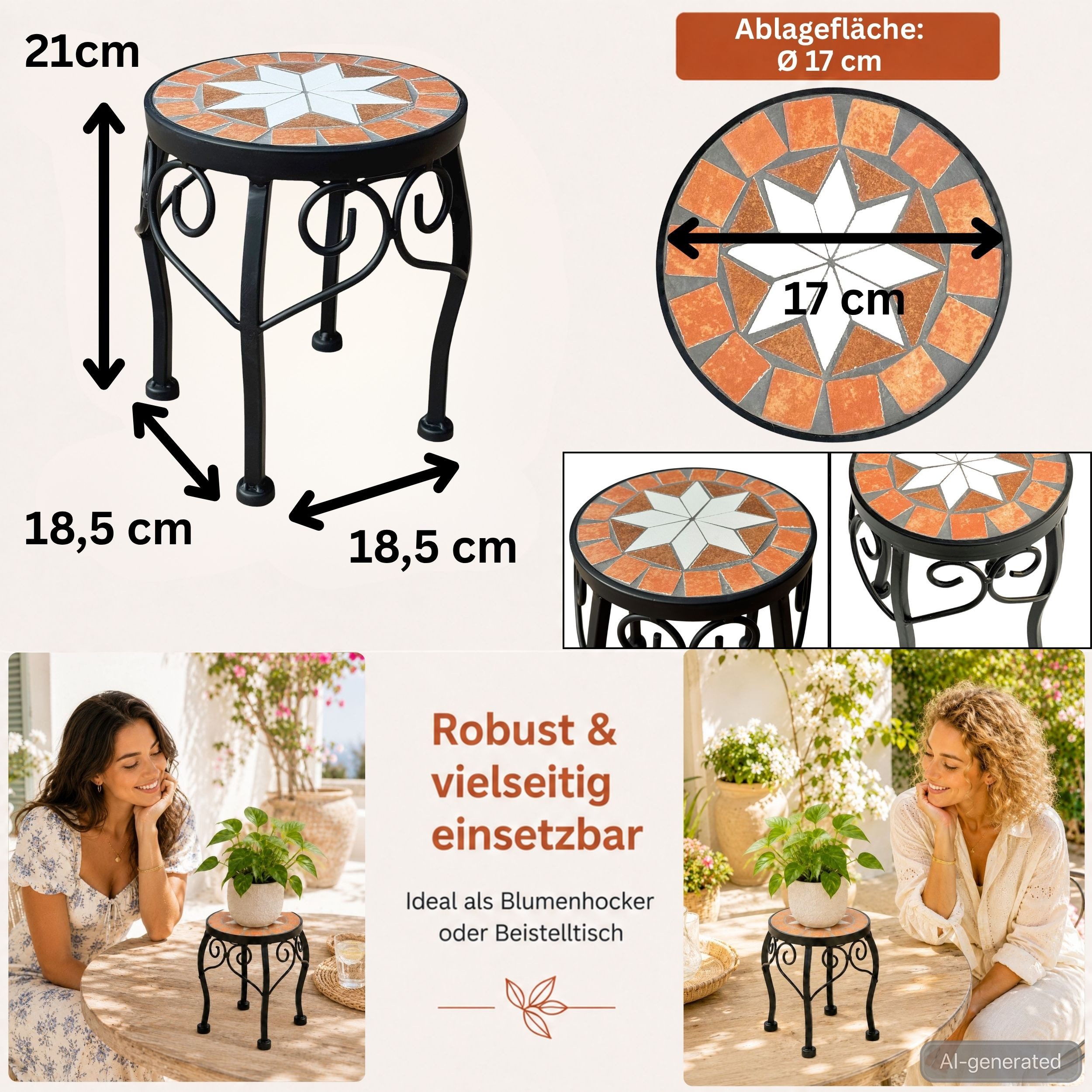 DanDiBo Blumenhocker Mosaik Rund Blumenständer 12014 Beistelltisch Pflanzenständer, Mosaiktisch Klein – Bild 2 von 5
