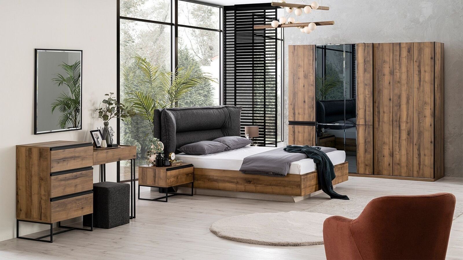 JVmoebel Schlafzimmer-Set Luxus Schlafzimmer Garnitur Doppelbett Bett Holz Set 7tlg Braun Modern, (Bett/Nachttische/Kleiderschrank/Kommode/Spiegel/Hocker), Made In Europe