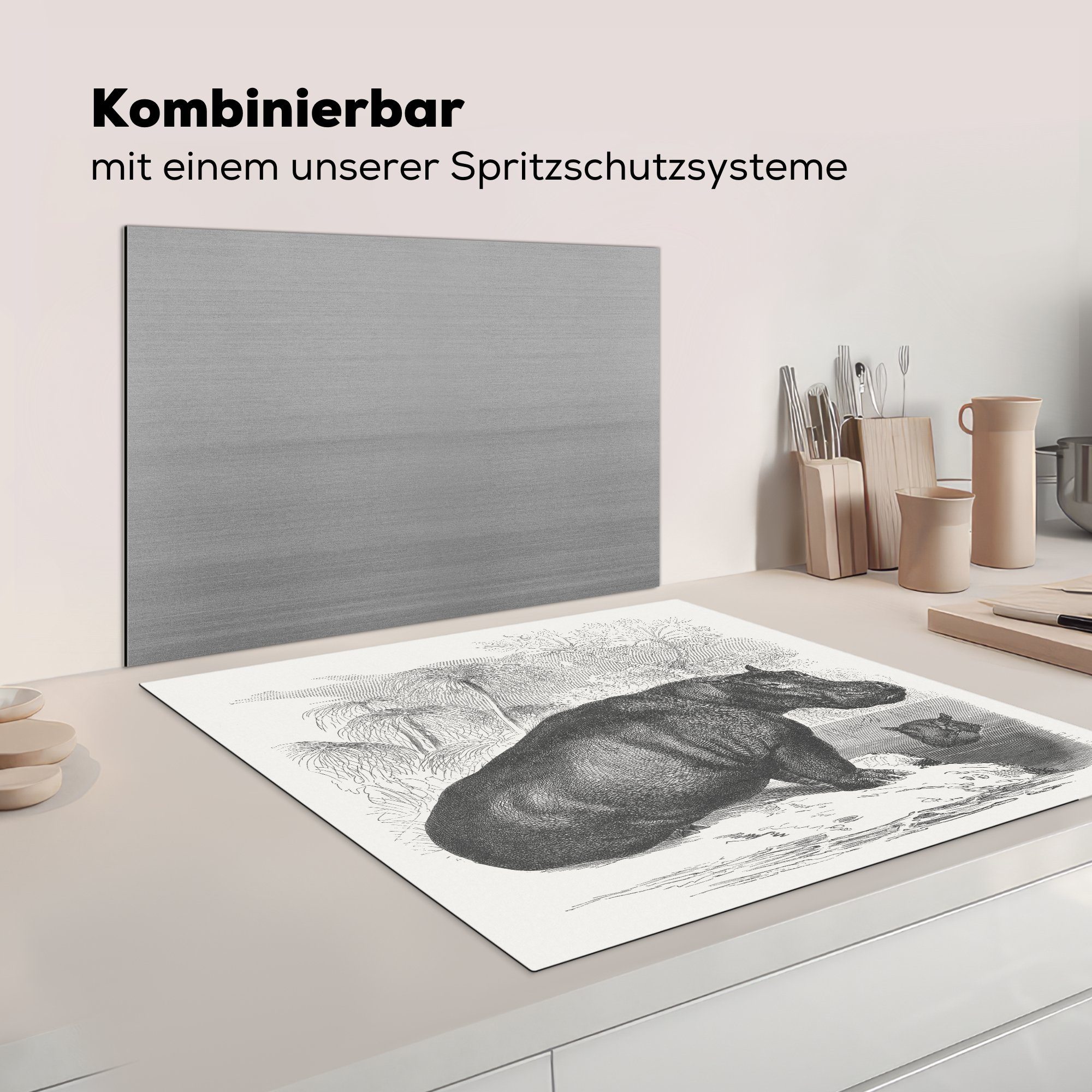 cm, 78x78 Herdblende-/Abdeckplatte am für eines Wasser, küche MuchoWow (1 Vinyl, tlg), Arbeitsplatte Ceranfeldabdeckung, Nilpferdes Illustration