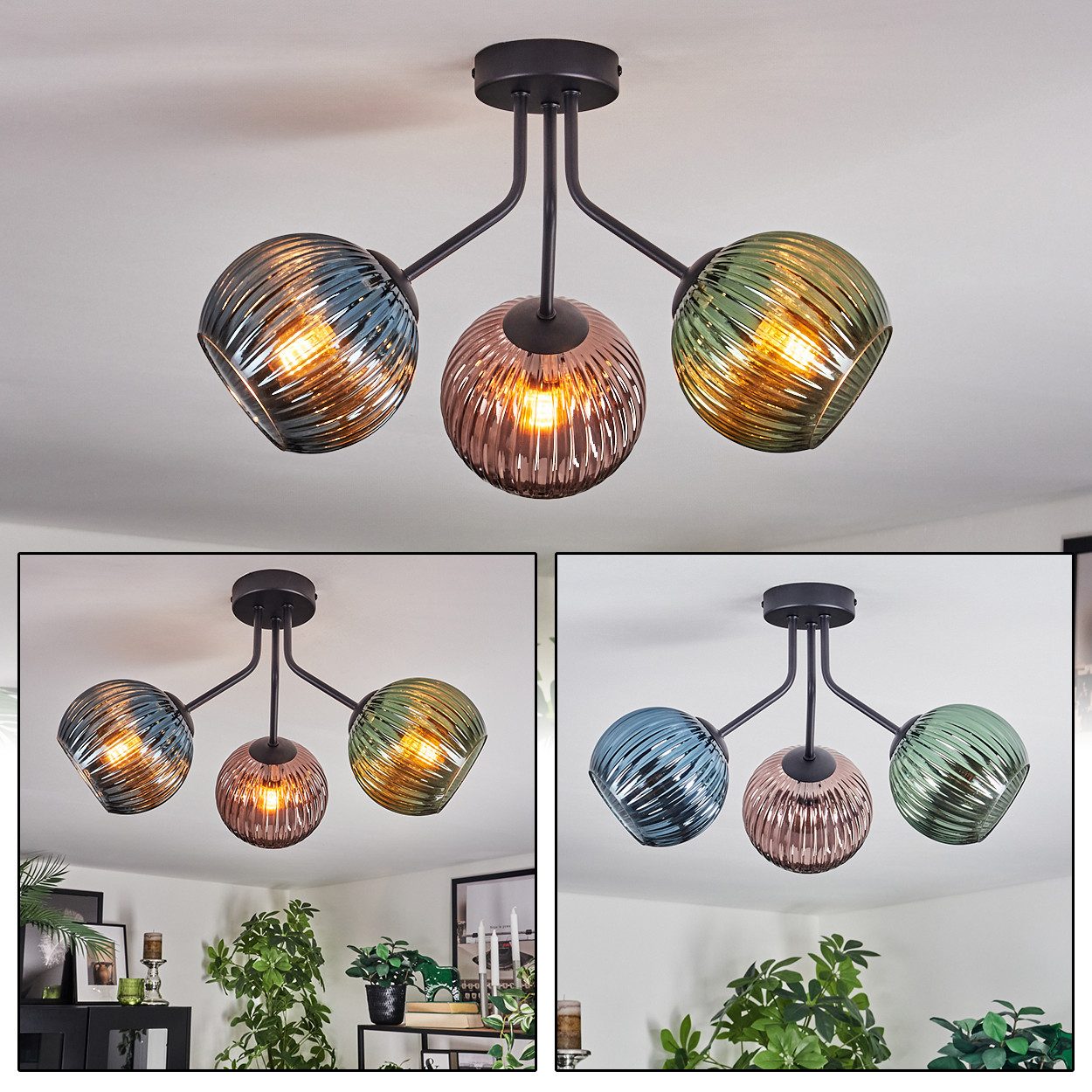 hofstein Deckenleuchte Deckenlampe aus Metall/Riffelglas in Schwarz/Kupferf günstig online kaufen