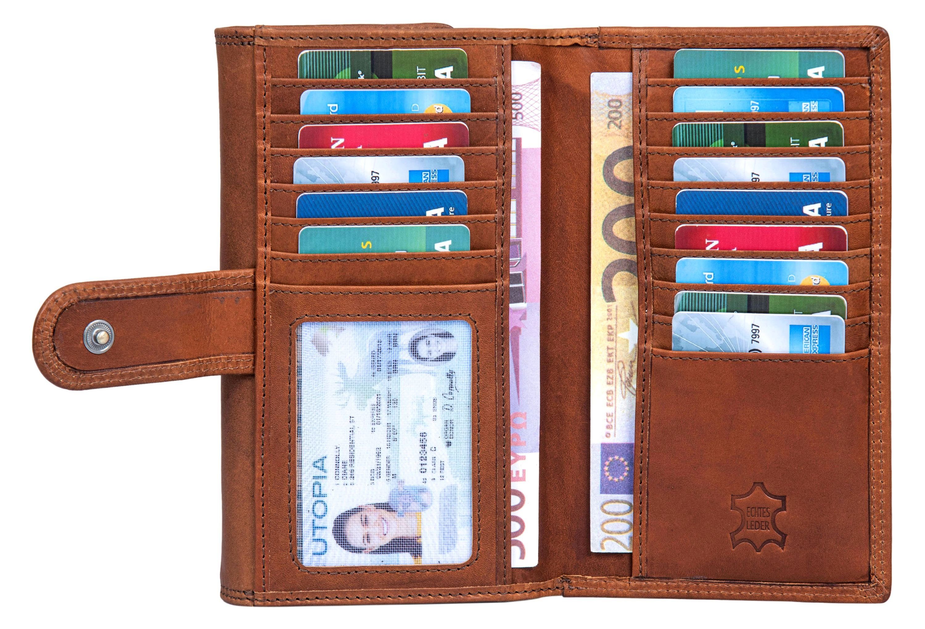 Benthill Geldbörse Damen Echt Leder Kartenfächer Fächern vielen RFID-Schutz Lang, RFID Braun mit Reißverschlussfach Portemonnaie Groß Münzfach