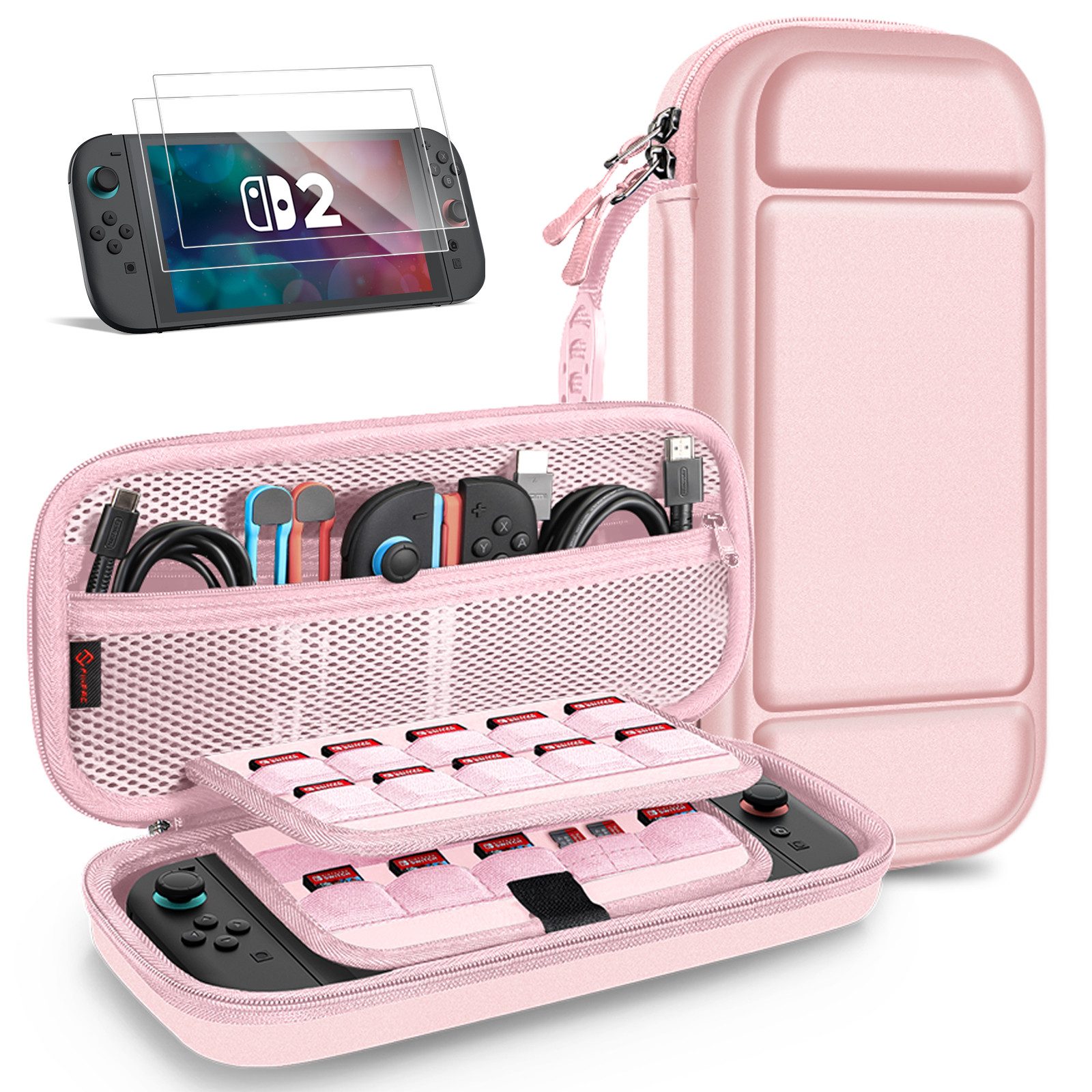 Fintie Nintendo-Schutzhülle Tasche mit 2 Panzerglas für Nintendo Switch 2(2025), 2-in-1 Zubehörset, mit 2 Stücke Schutzfolie, 1 Tragetasche mit großem Fassungsvermögen