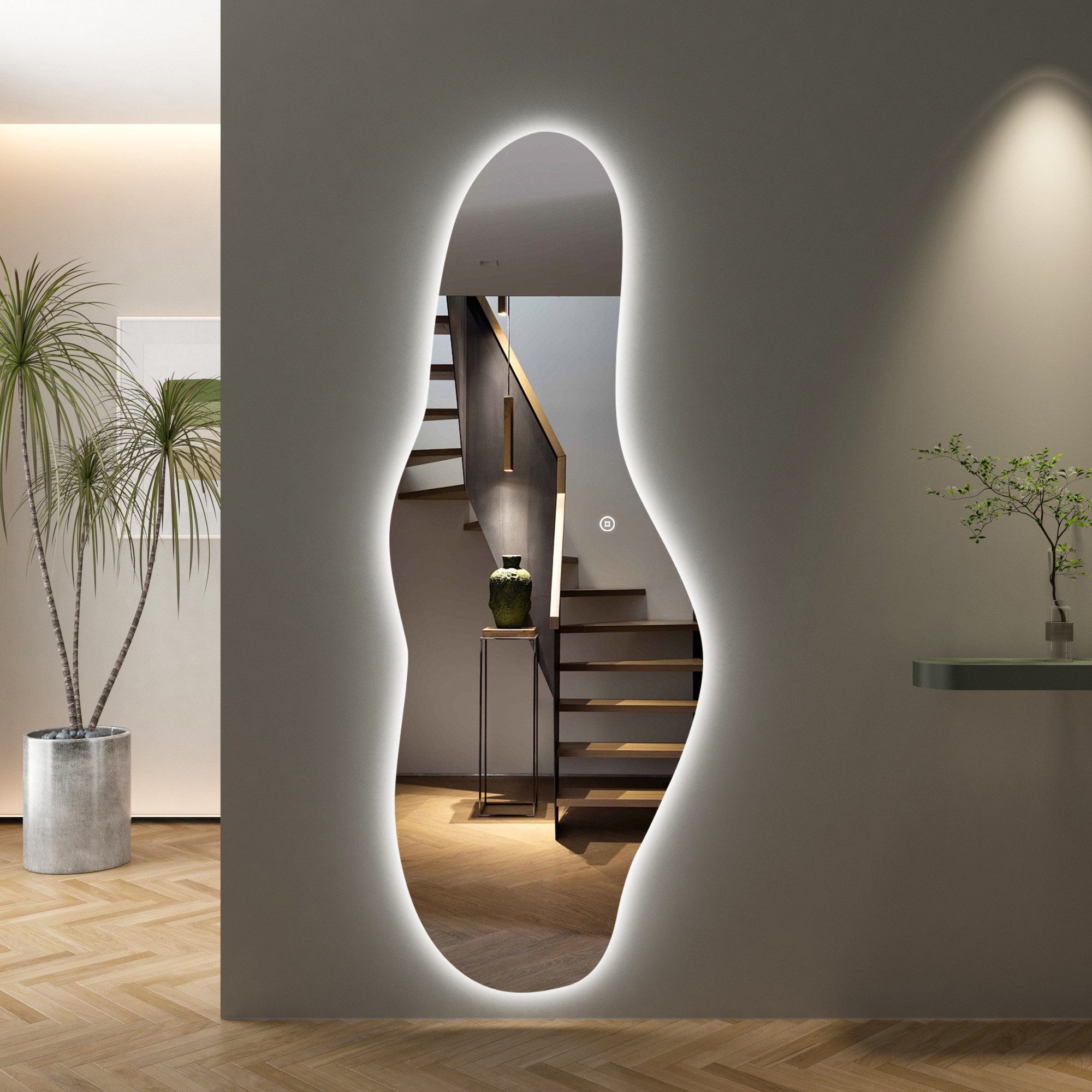 WDWRITTI Ganzkörperspiegel Ohne Rahmen LED Ganzkörperspiegel Wandspiegel groß Asymmetrisch (Flurspiegel Modern mit 3Lichtfarben, Dimmbar, Speicherfunktion, 165x60cm), 5mm HD Spiegel mit Splitterschutzfolie