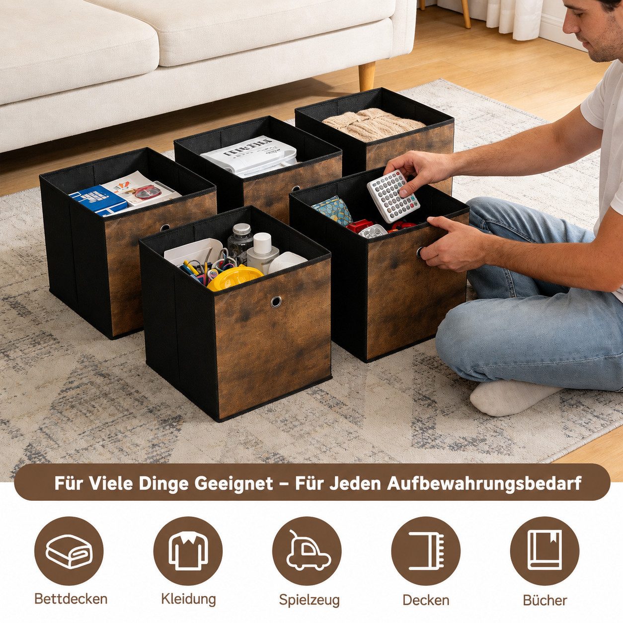 BlingBin Faltbox Aufbewahrungsboxen, faltbare Stoffboxen (6er Set, 6 St., Maße je Box: 30 × 30 × 30 cm), Stoff Aufbewahrungskorb für Würfelregal, Kleiderschrank – Bild 5 von 5