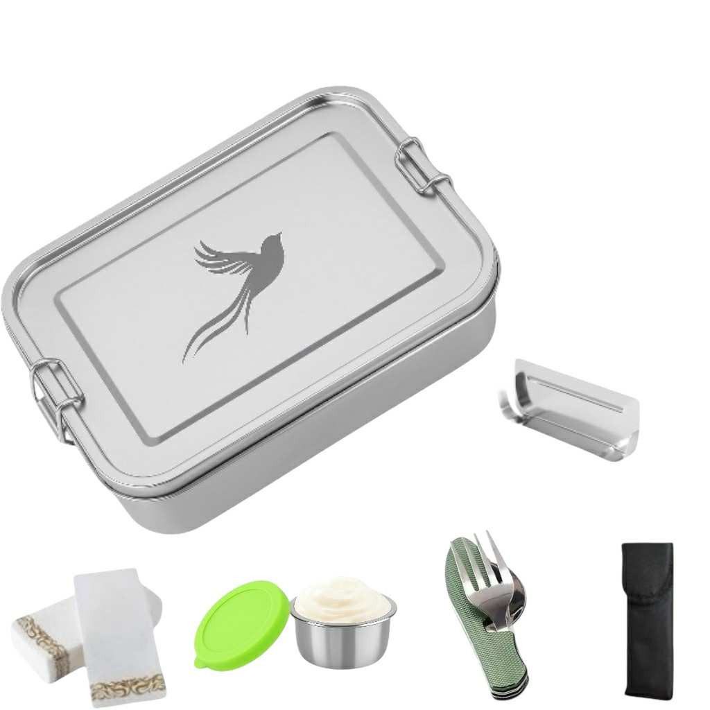Little Lorien Lunchbox Brotdose Edelstahl 1200ml, 2 Fächer, Besteck, Trennwand & Servietten, Edelstahl, (5-tlg., 1 Brotdose, 1 Trenner, 1 Campingbesteck, 10 Papierservietten, 1 Sauce-Dose), Wiederverwendbar,auslaufsicher,Campingbesteck,Edelstahl,leicht,rubust