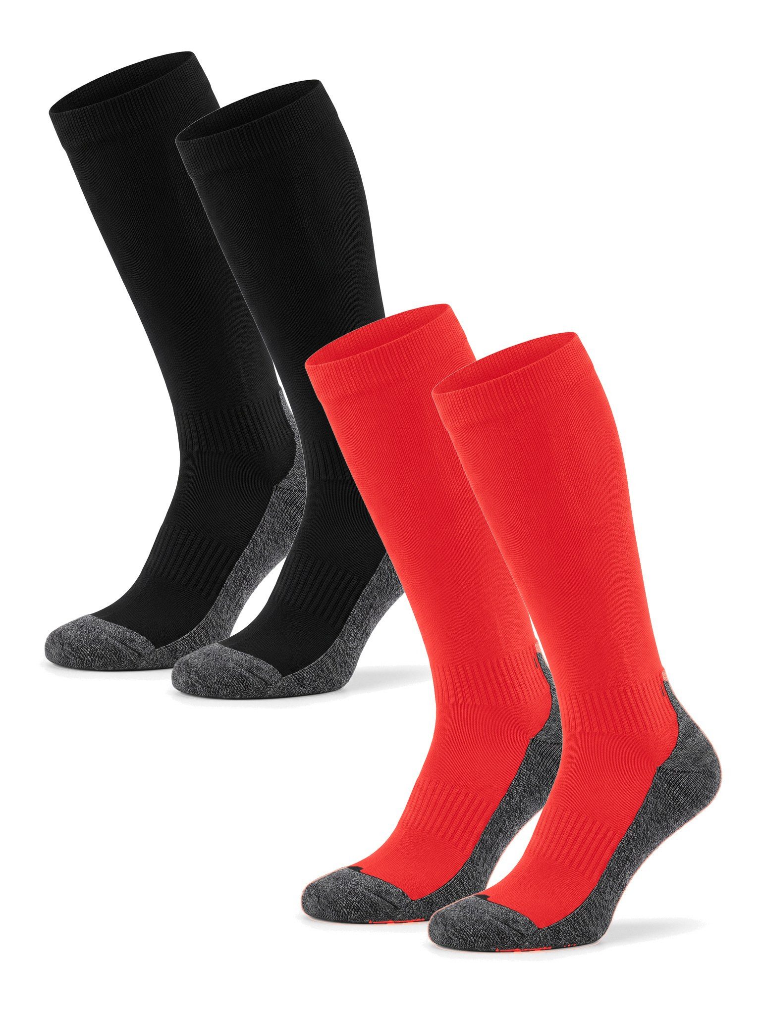 Black Snake Laufsocken Kompressionssocken kniehoch für Damen und Herren zum Joggen & Wandern (Socken-Set, 2-Paar, Schwarz-Rot 39/42) Nahtlos gestrickt mit verstärktem Fußbett und breitem Komfortbündchen
