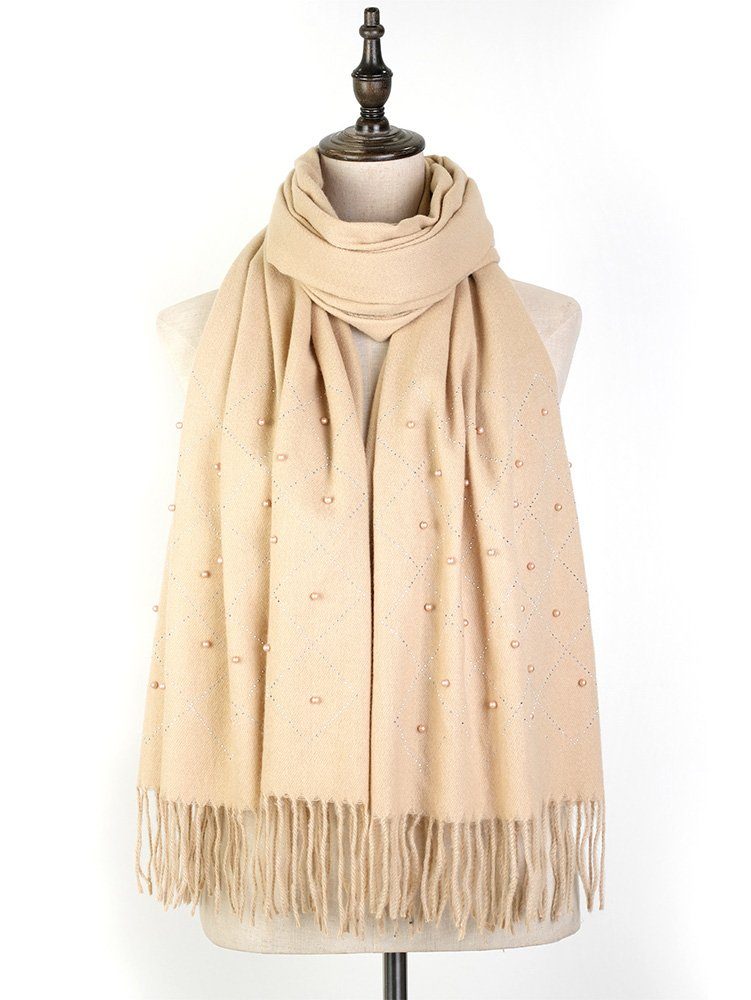 Buling Modeschal Großer Damen Schal 180 x 70 cm mit Perle Nieten, Gestrickt Winterschal Herbstschal Khaki