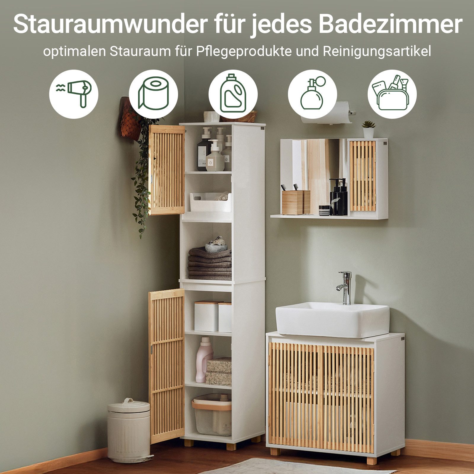SoBuy Hochschrank BZR127, Badezimmerschrank schmal, Badregal Badschrank Badezimmermöbel Beistellschrank Badkommode, mit Bambustüren, verstellbaren Ablagen