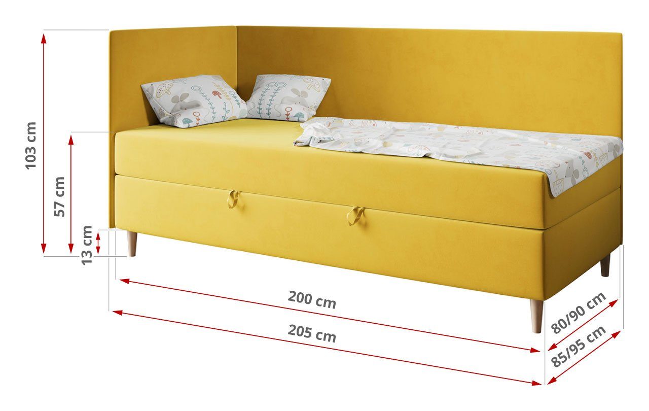 ZUZA Einzelbett - Kinderbett 3, Bett MKS Gelb Jugendbett Boxspringbett Kinderbett 90x200, MÖBEL