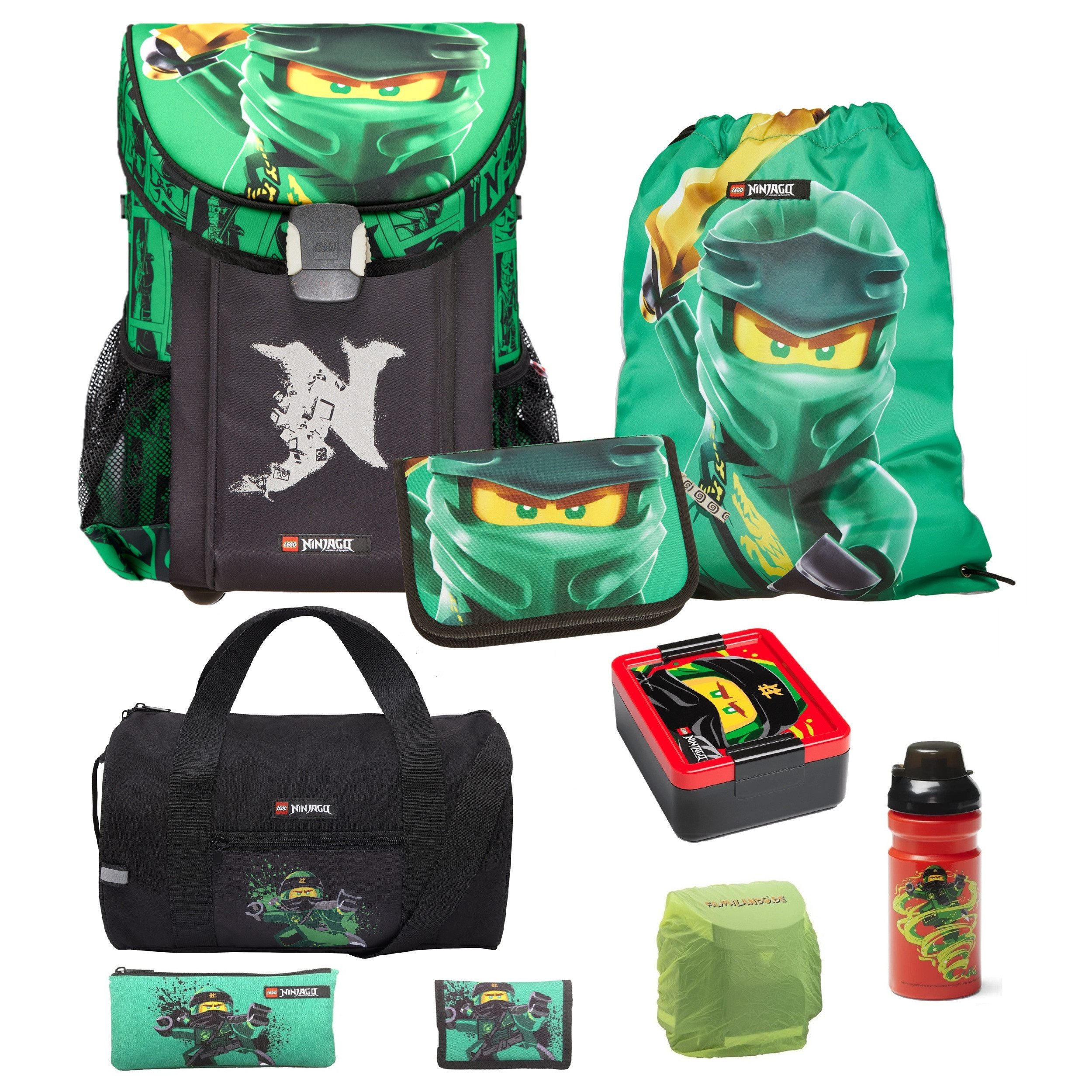 LEGO® Bags Schulranzen Lego Ninjago Einschulungs-Set "Easy" Dose, Flasche, Sporttasche (Set, 9-tlg., mit Dose, Flasche und Sporttasche), ab der 1. Klasse, Ultra-Leicht, 16L Volumen, wasserabweisend