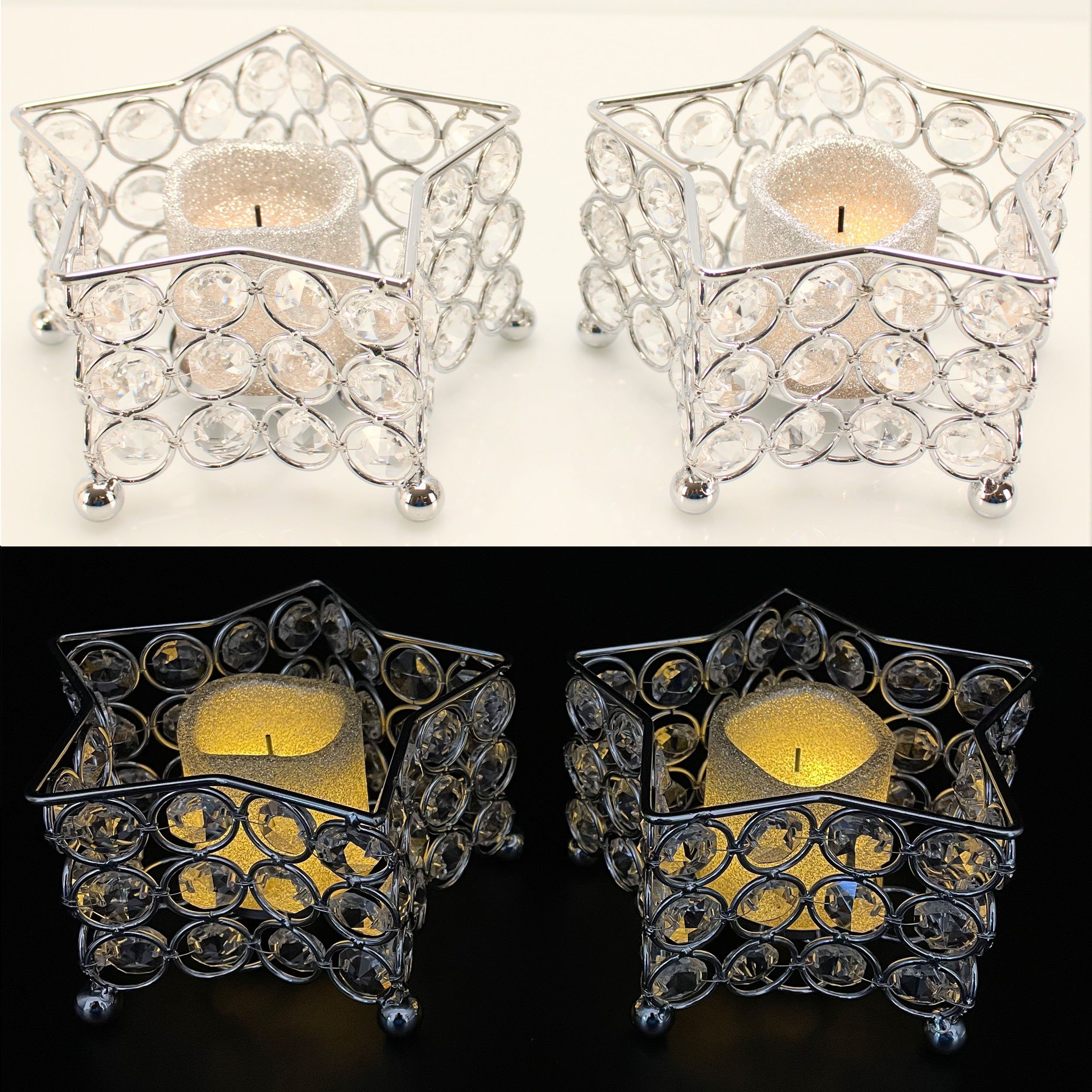 Online-Fuchs Настольные лампы als 2er Set in Sternformen mit LED-Kerze inkl. Timer SILBER (mit Kristallen, Kerze mit Glitzerüberzug, für Kerzen bis zu 5 cm Durchmesser, Votivkerze inkl. 6-Stunden-Timer, aus Metall), aus Metall, handgefertigt, Maße: 12x12x8 cm