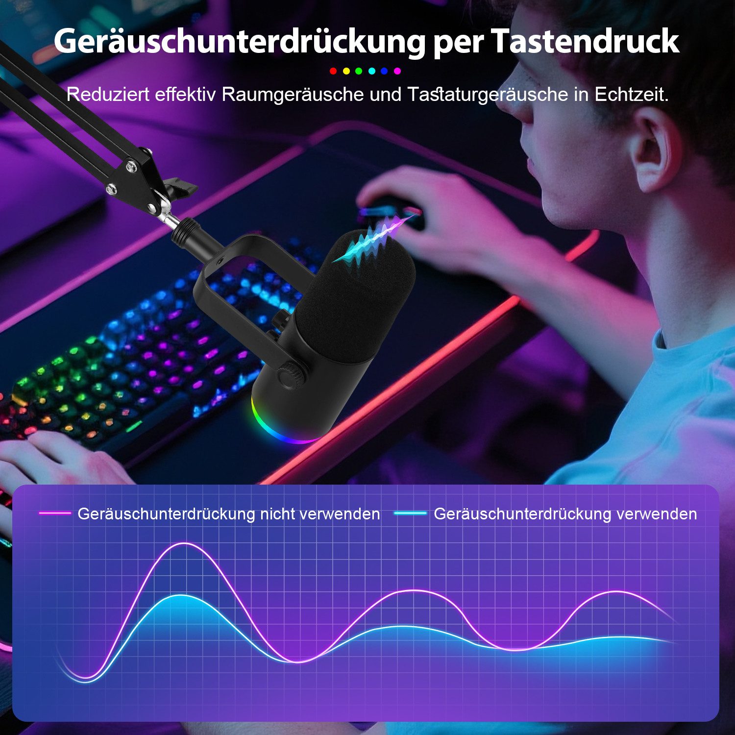 CkeyiN Pro Mikrofon Gaming, Streaming-Mikrofon,mit Arm,Stummschalttaste, Gain-Regler, für Streaming und Podcast-Studios,Kompatibel mit Windows und Mac OS