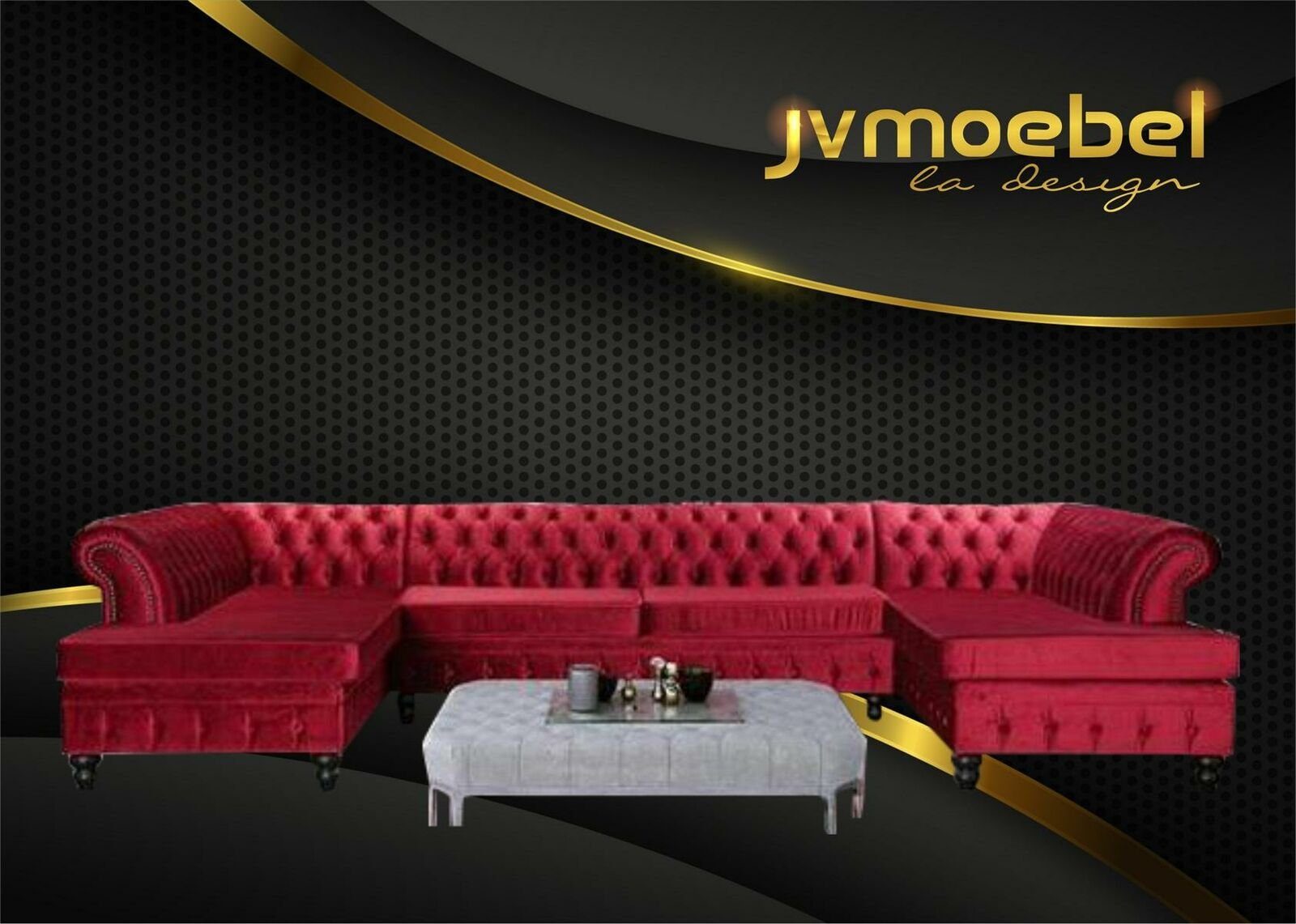 JVmoebel Ecksofa, Set Luxury Modern Ecksofa U-Form Chesterfield und Couchtisch Rot/Hellgrau