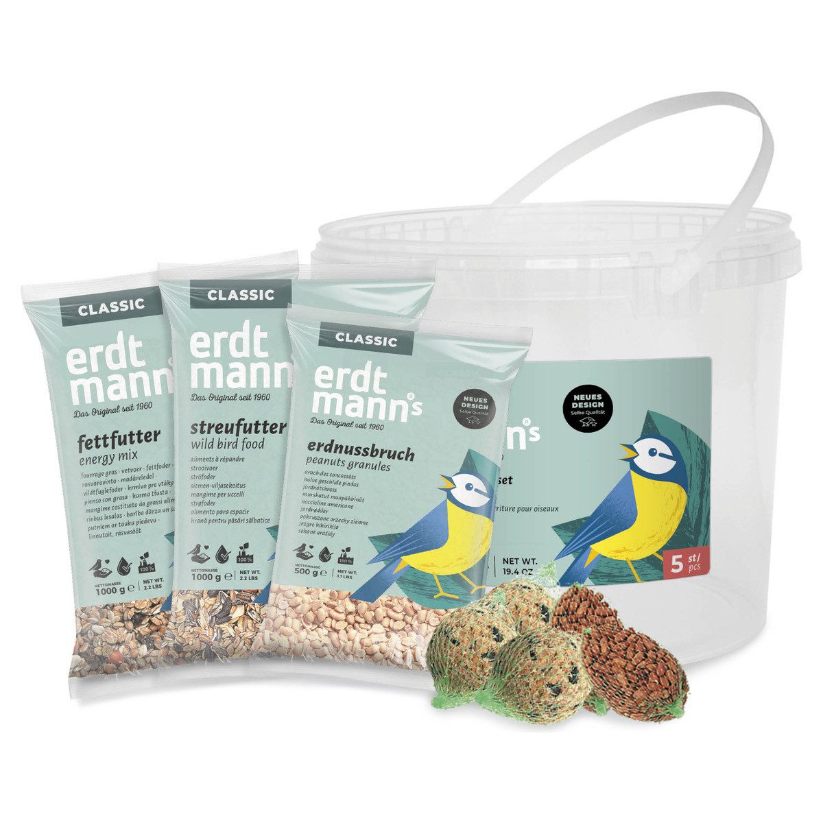 Erdtmann's Vogelfutter-Set im Eimer, Trockenfutter für: Vogel