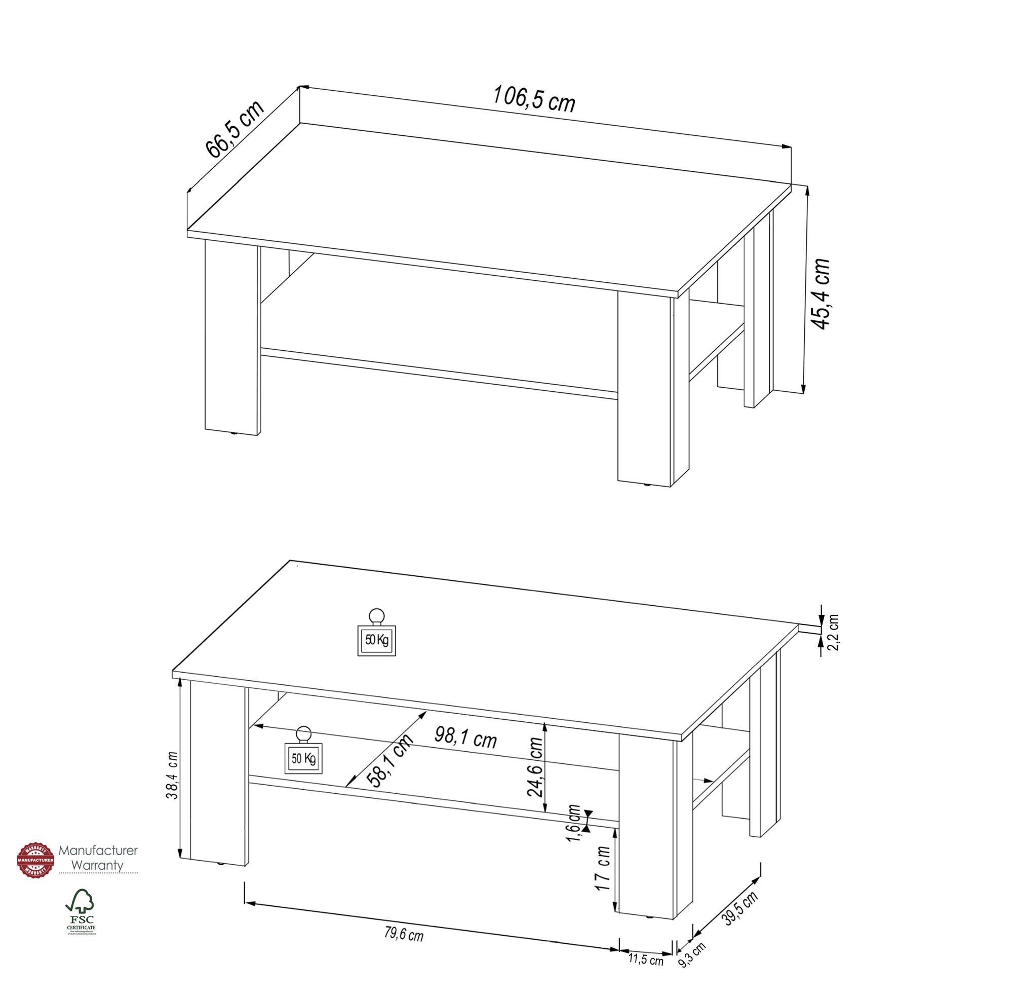 58 (Sparset) Kessel Jacintha Couchtisch 107x67x46 Flagstaff Couchtisch 10223 Eiche/Anthrazit aufm