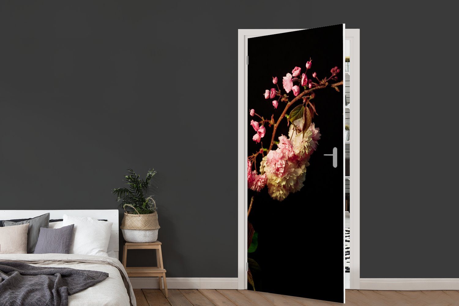 MuchoWow Türtapete Eine 75x205 Matt, St), bedruckt, Türaufkleber, Kirschblüte Tür, Hintergrund, (1 cm vor für Fototapete schwarzem