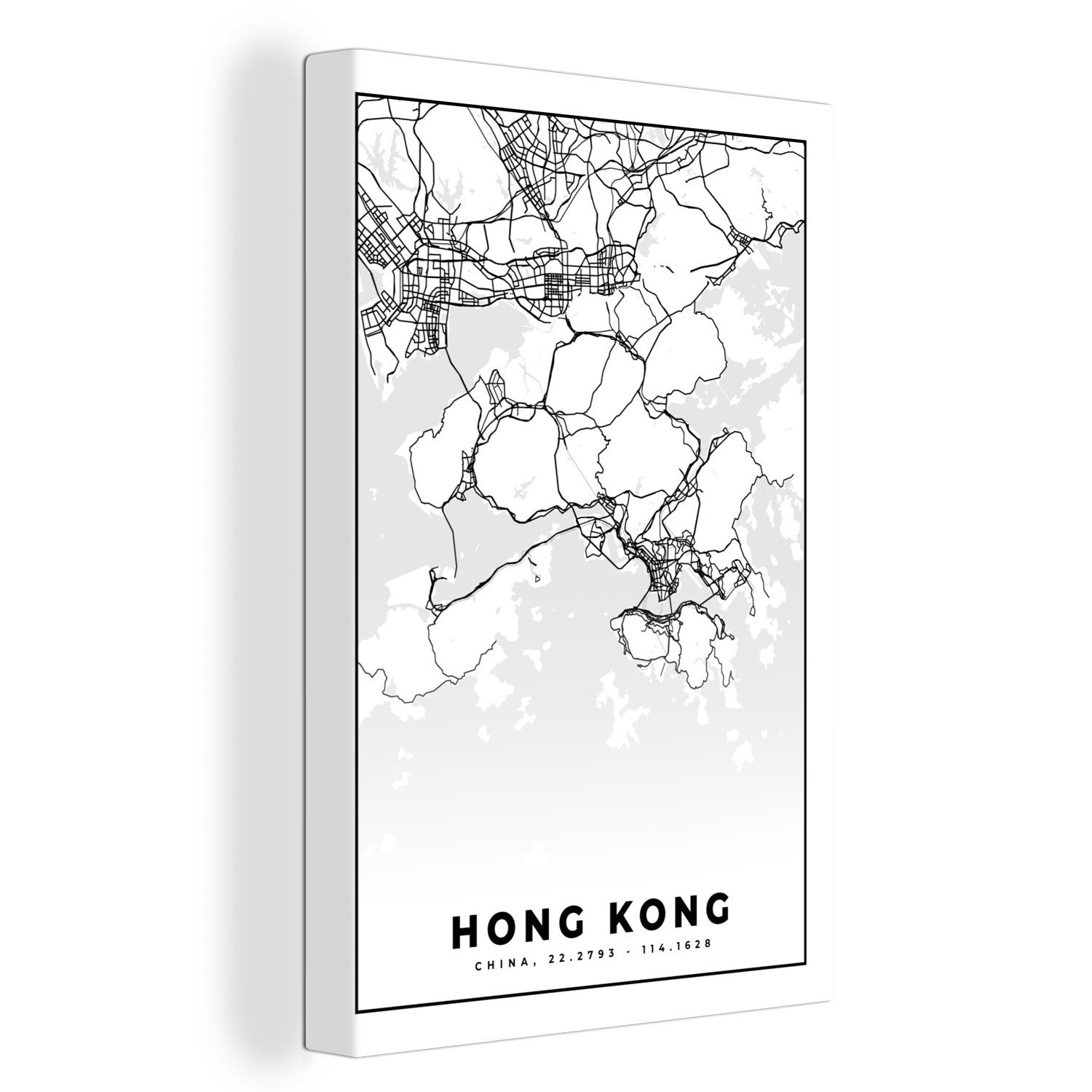 OneMillionCanvasses® Leinwandbild Karte - Leinwandbild cm inkl. 20x30 fertig Routenbeschreibung, St), Hongkong - Stadtplan - (1 Schwarz-weiß Zackenaufhänger, Gemälde, bespannt 