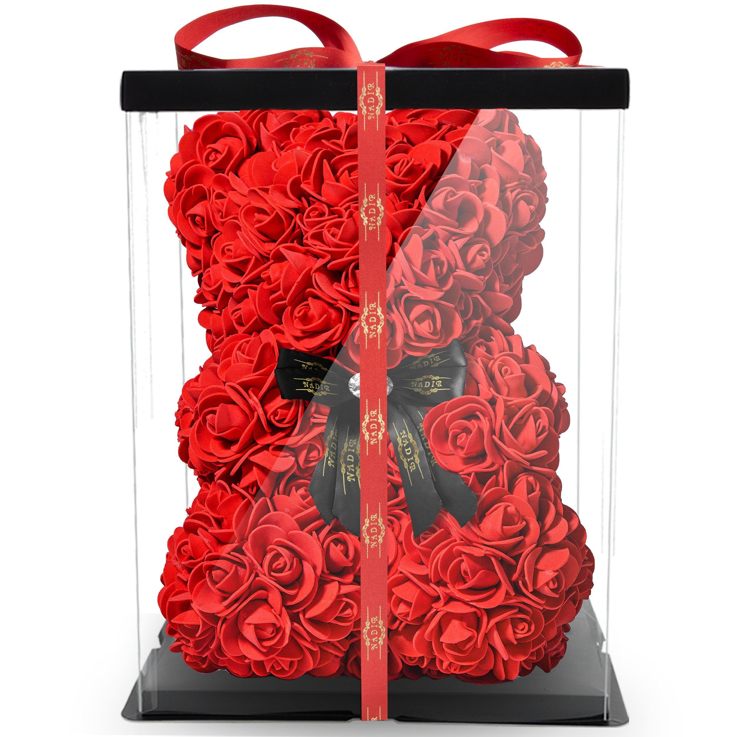 Kunstblume NADIR Rosenbär 25 cm mit Schleife / inklusive vorverpackter Geschenkbox/ Valentinstag Muttertag Geburtstag Jahrestag Infinity Rosebear Bär aus Rosen Flower Teddy Teddybär Blütenbär Künstliche Pflanze, NADIR