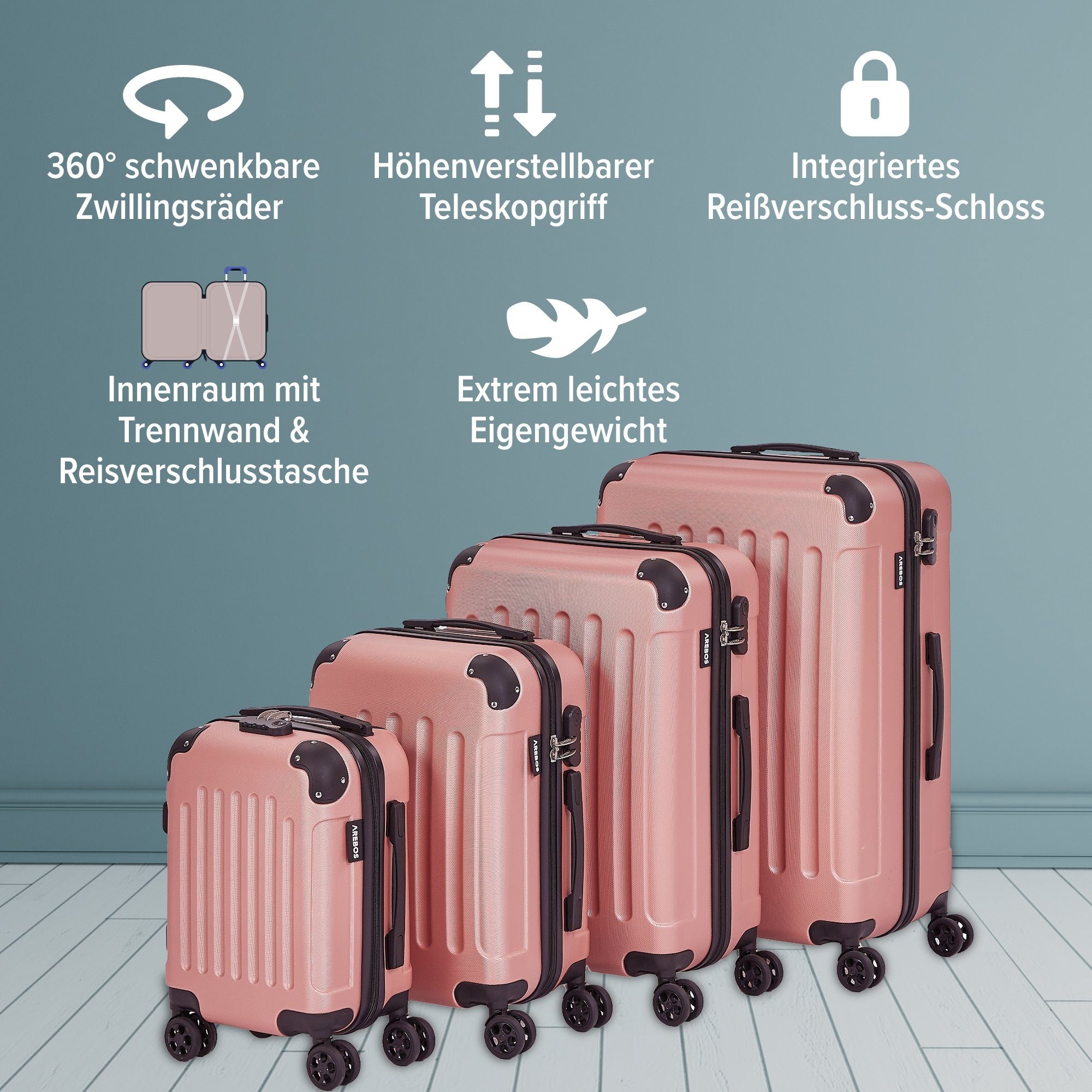 Arebos Kofferset Reisekoffer 4er Set Hartschalen Koffer Trolley S-M-L-XL-Set, 4 Rollen, (Set, Rose Gold), Teleskopstange