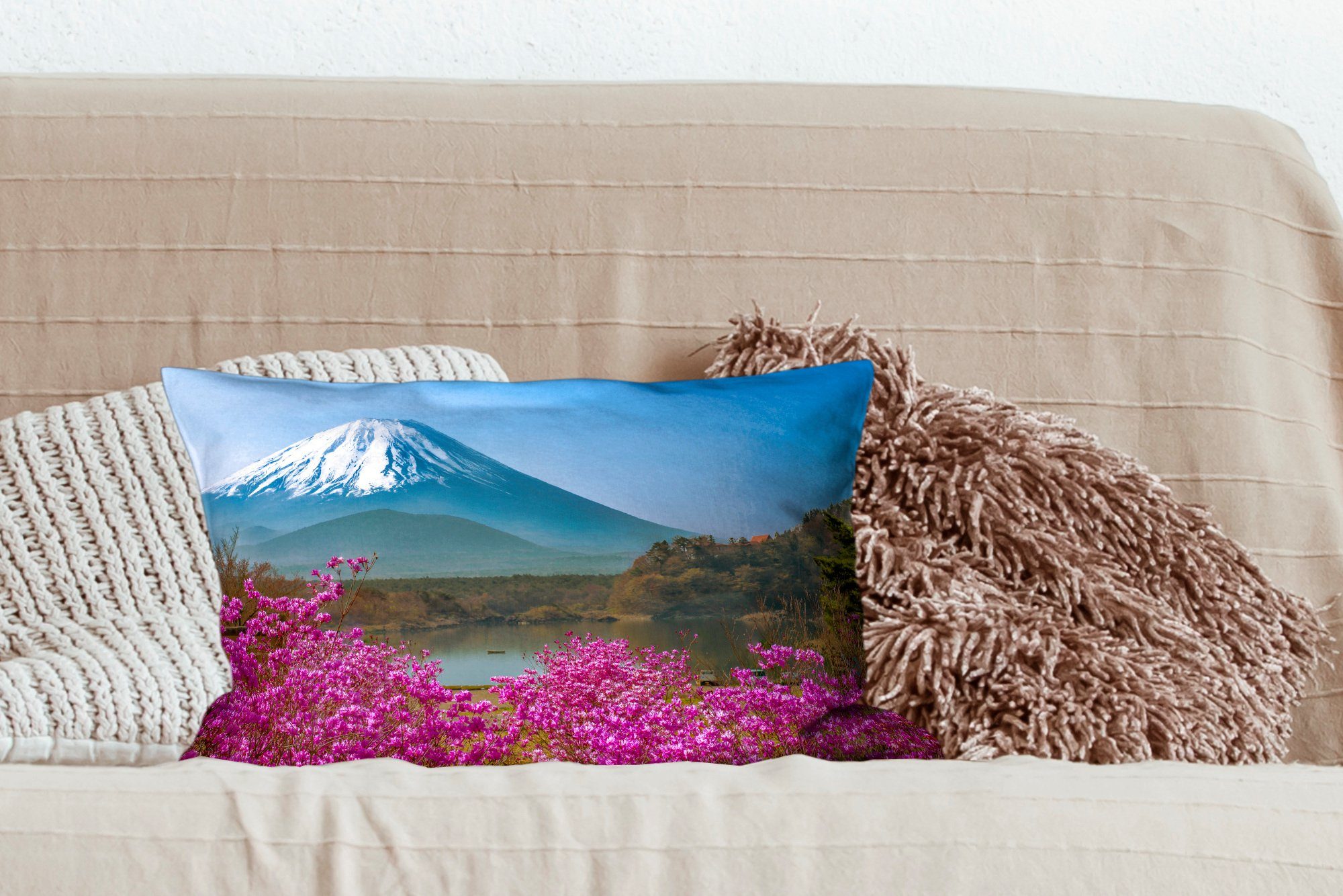 Wohzimmer Berg Dekokissen Schlafzimmer in Foto Farbenfrohes Dekokissen MuchoWow Füllung, Dekoration, Fuji Asien, vom Zierkissen, mit