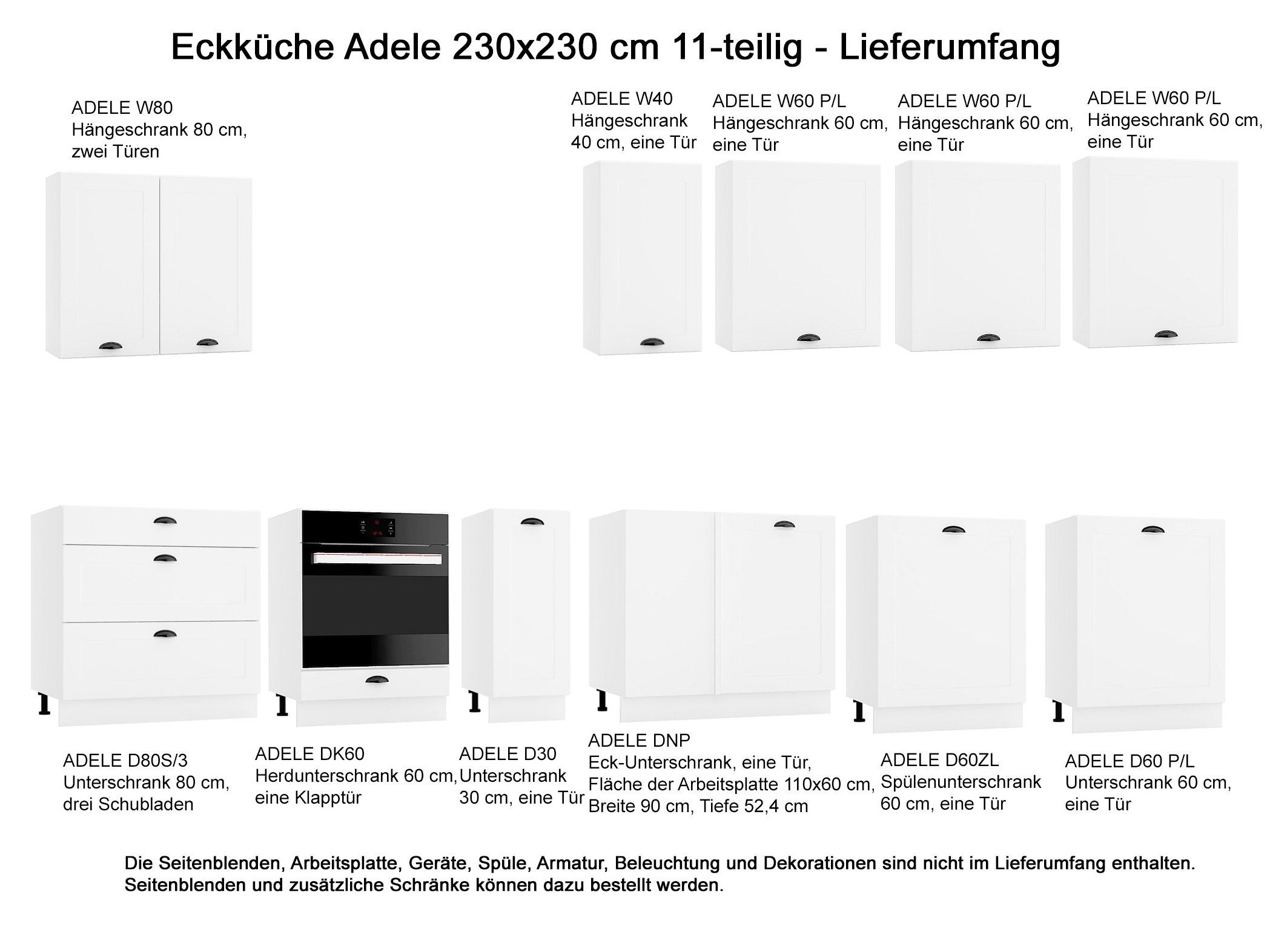 Möbel für Dich Winkelküche Landhausküche Eckküche Adele in L-Form 230x230 cm, 11-teilig, mit Rahmenfronten in Mattweiß, schwarze Metallgriffe