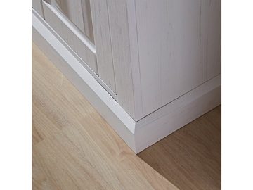 möbelando Highboard Lima, Highboard in Pinie hell, Front MDF, Korpus Pinie hell Nachbildung aus Spanplatte, Oberböden aus MDF in Taupe, Griffe aus Metall in Alt-Antik, mit 2 Holztüren, 1 Schubkasten, 2 Einlegeböden, 4 offene Fächer, inkl. 2D-LED-Hintergrundbeleuchtung, Soft-Close-Schubkastenauszug, Soft-CloseScharniere. Breite 99 cm, Höhe 142 cm, Tiefe 42 cm.