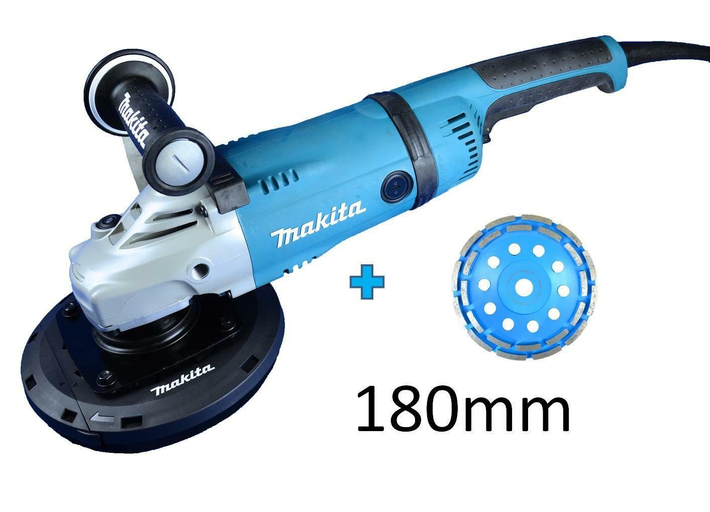 Makita Winkelschleifer / Betonschleifer / Estrichfräse / 2.400W / 180mm, max. 6600 U/min, (Komplett-Set), Die Lieferung erfolgt vormontiert und daher in neutraler Verpackung.