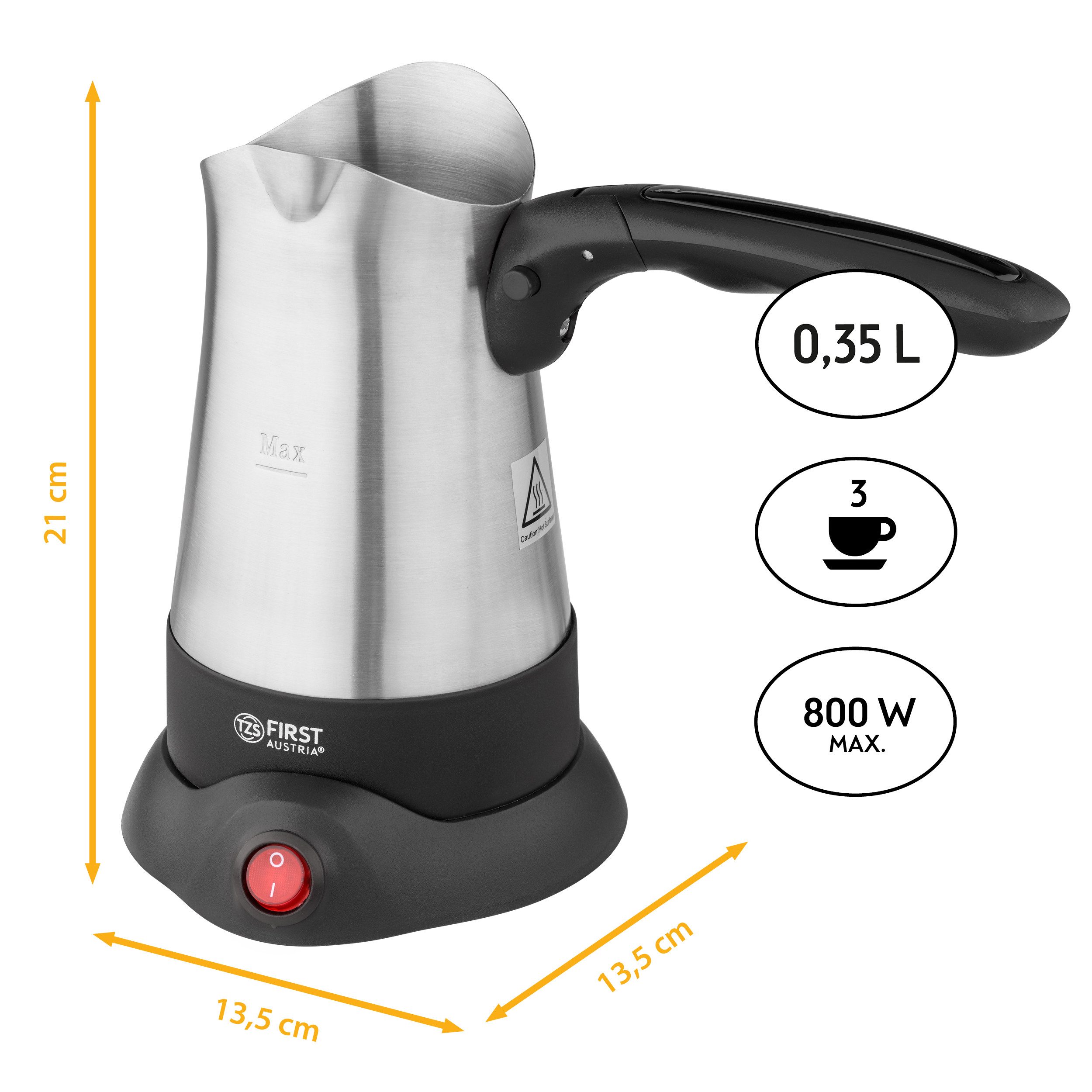 TZS FIRST AUSTRIA Kaffeebereiter, 350ml, 800W, Mokkakocher, Espressokocher & Wasserkocher, Edelstahl