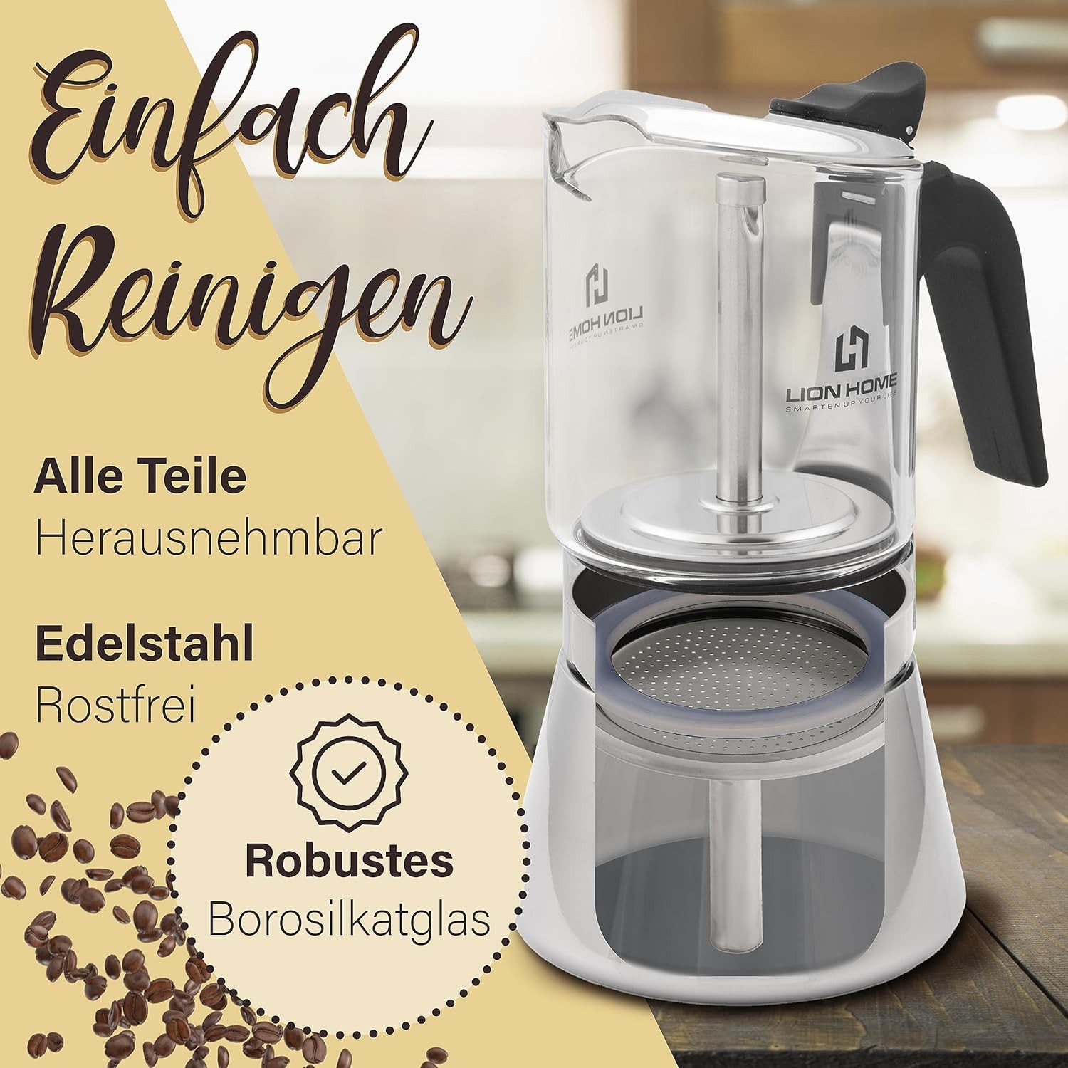 Lion Home Espressokocher, Inkl. Kork-Untersetzer, leicht zu reinigen elegantes Design