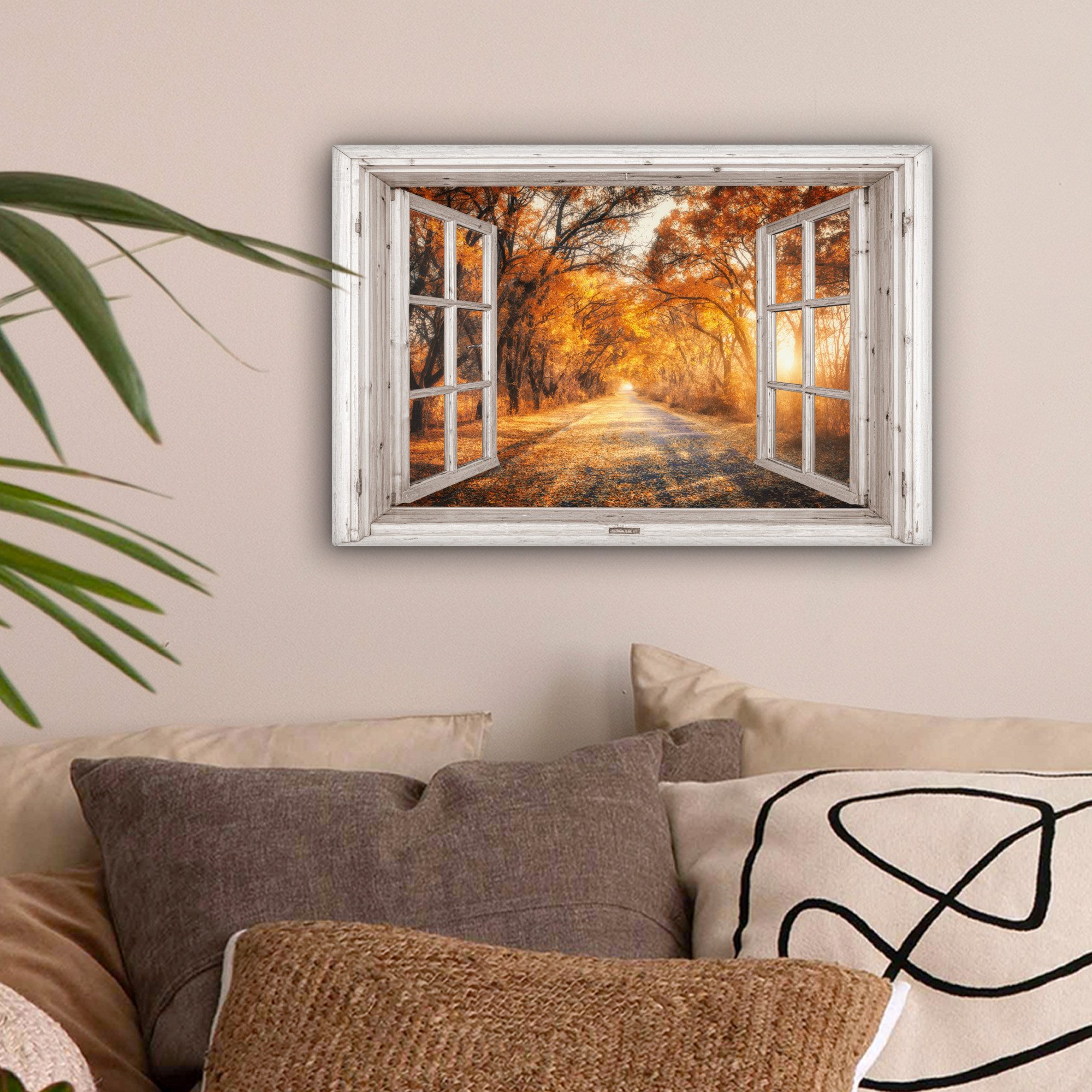 OneMillionCanvasses® Leinwandbild Wald - Herbst - Bäume - Weg - Natur - Fen günstig online kaufen