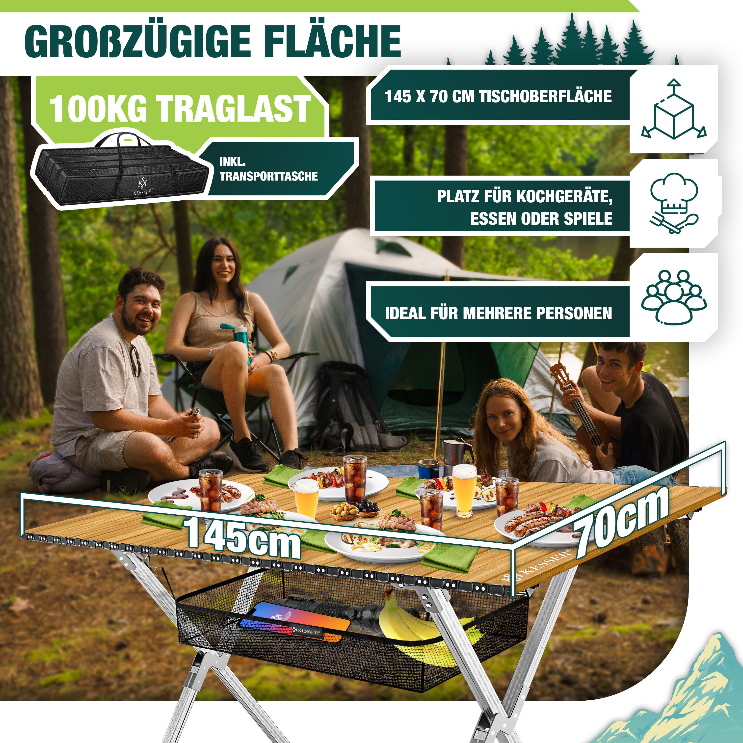 KESSER Campingtisch Klapptisch faltbar mit aufrollbarer Tischplatte (145x70cm klappbarer Tisch inkl. Tragetasche mit Trageband & Netztasche), Falttisch mit Alum – Bild 2 von 5