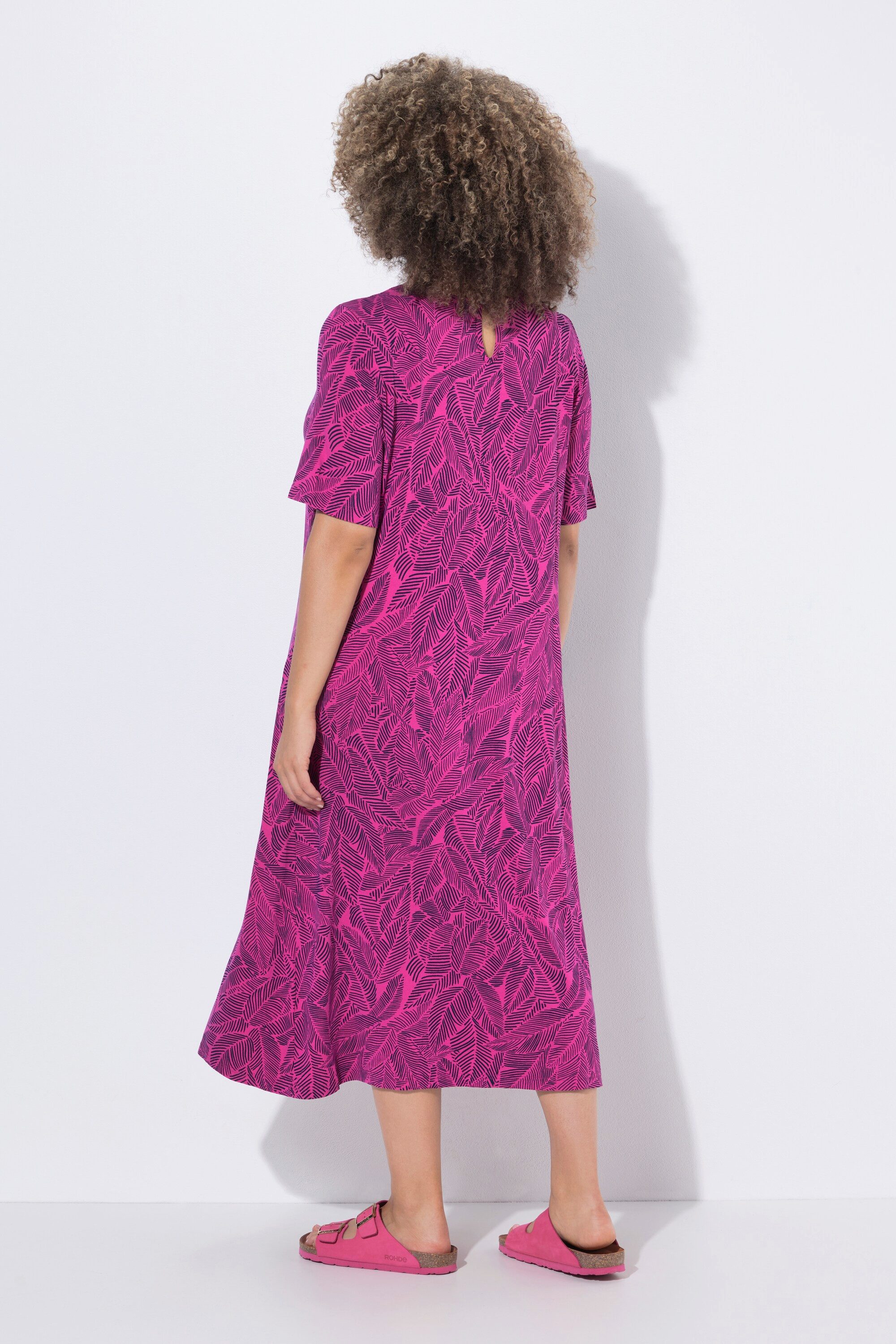 Ulla Popken Jerseykleid Jerseykleid Blätter A-Linie Rundhals Halbarm