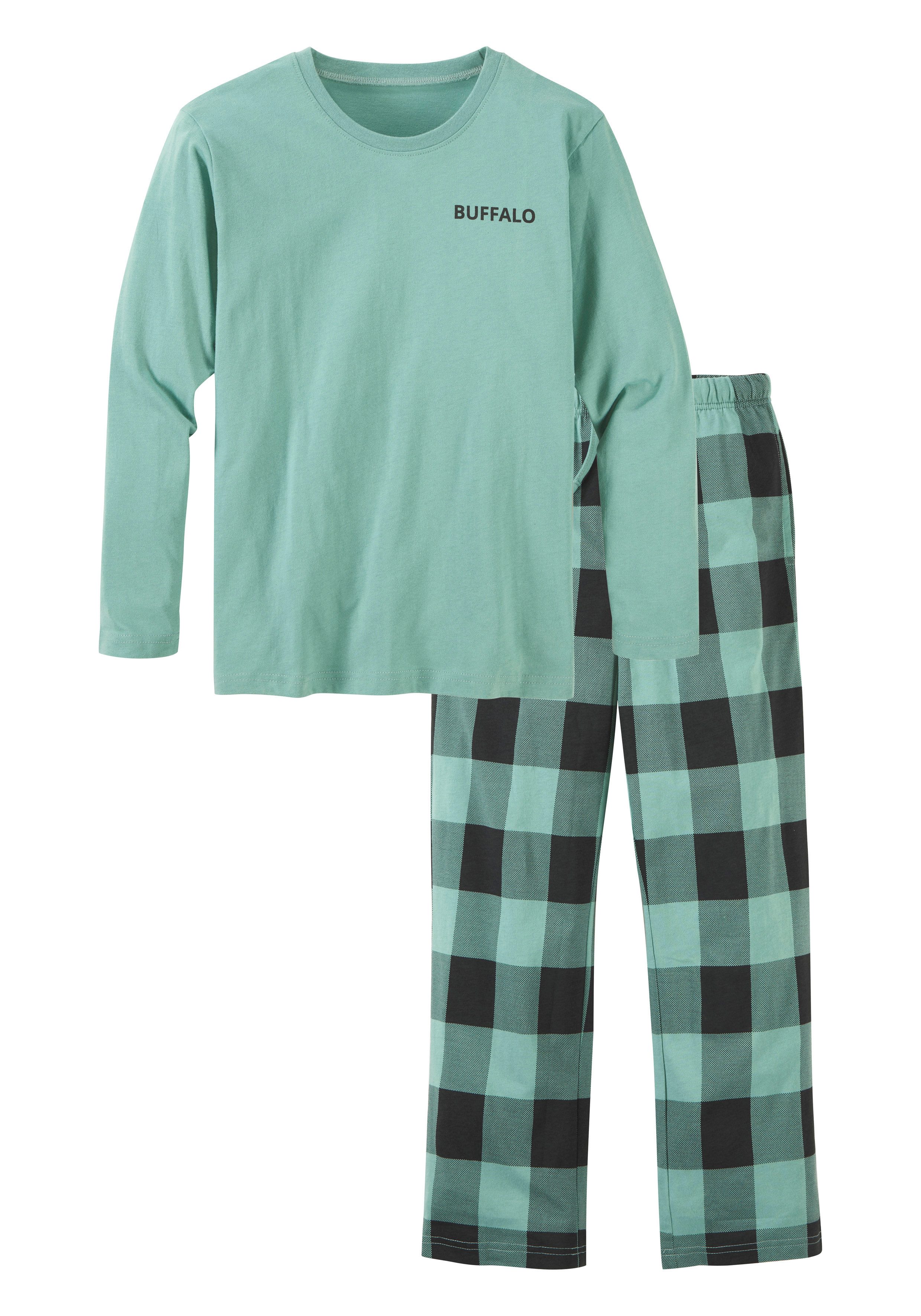 Buffalo Pyjama (Packung, 2 tlg., 1 Set) langer Schlafanzug, unifarben und kariert, aus Baumwolle