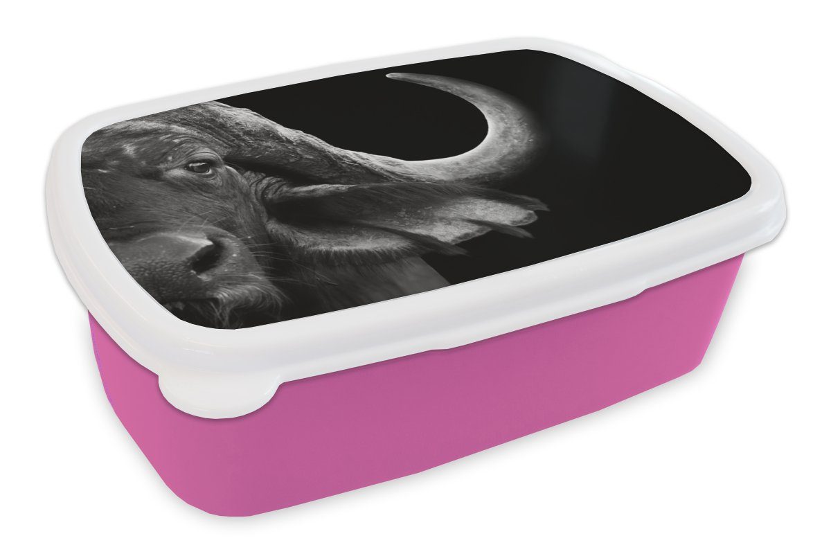 MuchoWow Lunchbox Büffel - Brotdose Mädchen, für rosa Tiere Snackbox, Brotbox - Kunststoff Kunststoff, Kinder, (2-tlg), Schwarz Erwachsene, Weiß, 