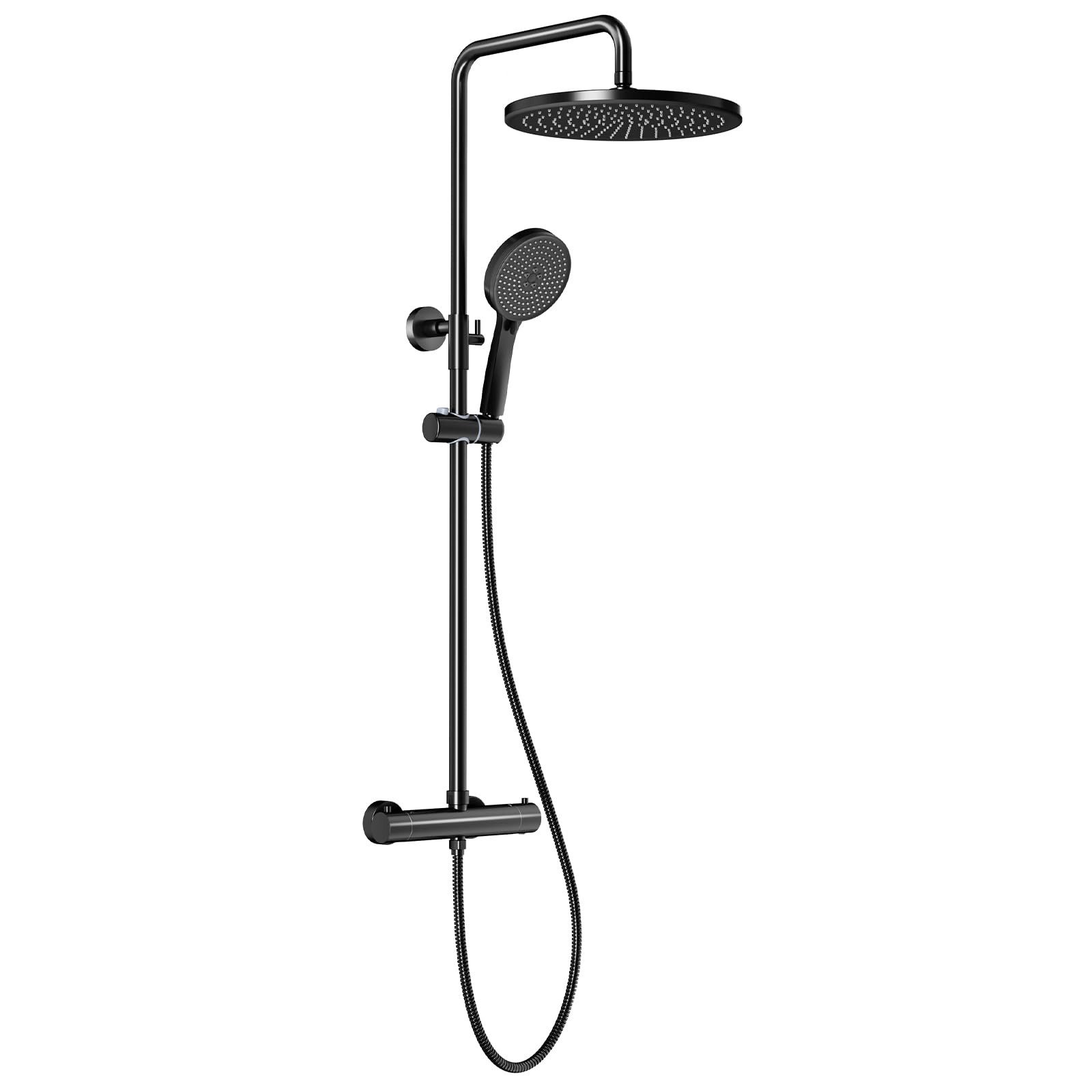 Rainsworth Duschsystem mit Thermostat, 3 Strahlart(en), komplett-set, 92-126 cm Duschstangen Edelstahl Duschamaturenset Wassersparend