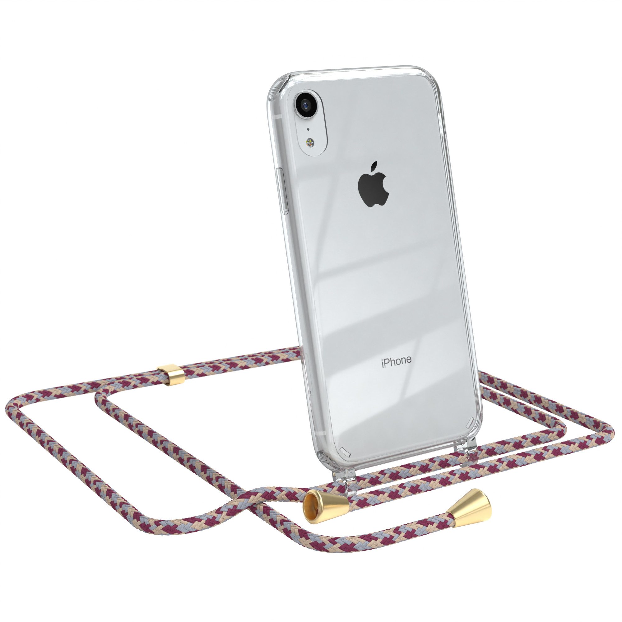 EAZY CASE Handykette Hülle mit Kette für Apple iPhone XR 6,1 Zoll, Hülle mit Umhängeband Bumper Case Hülle mit Band Rot Beige Camouflage