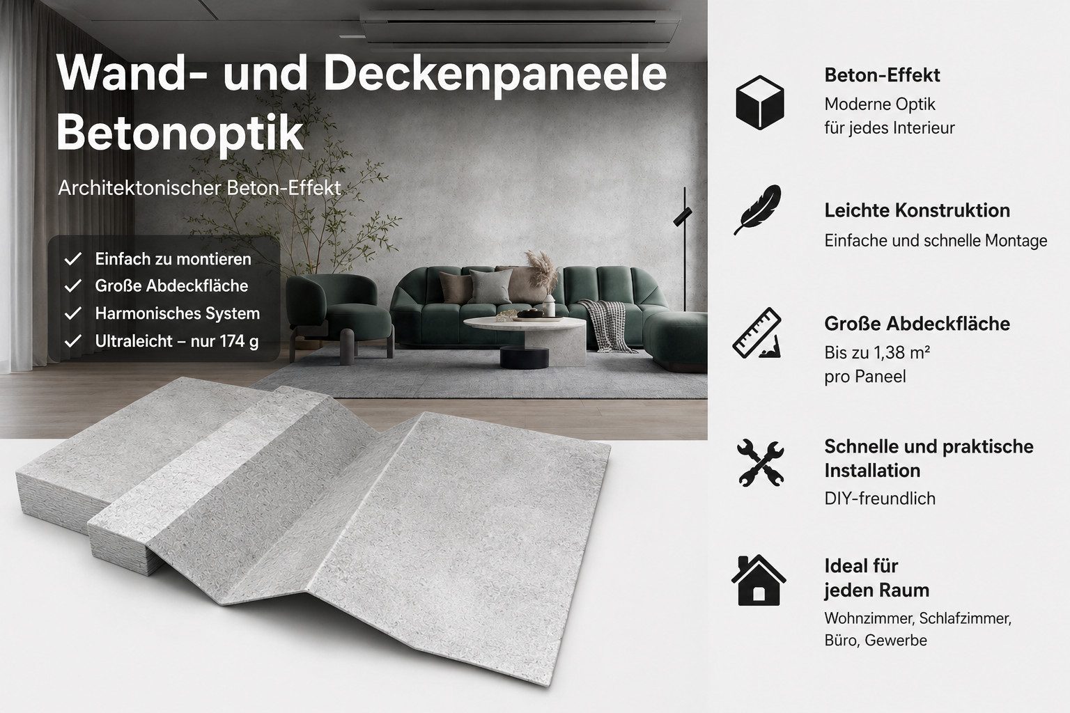 IKHEMalarka Wandpaneel Betonoptik XXL, 1,38 m², 274 x 50 cm, Faltbares Styropor Schaum - Wand, BxL: 5x274 cm, 1,38 qm, (1,38 m², 1,38 m), Sichtbeton Wandverkleidung, Nahtlose Optik / 5mm stärke