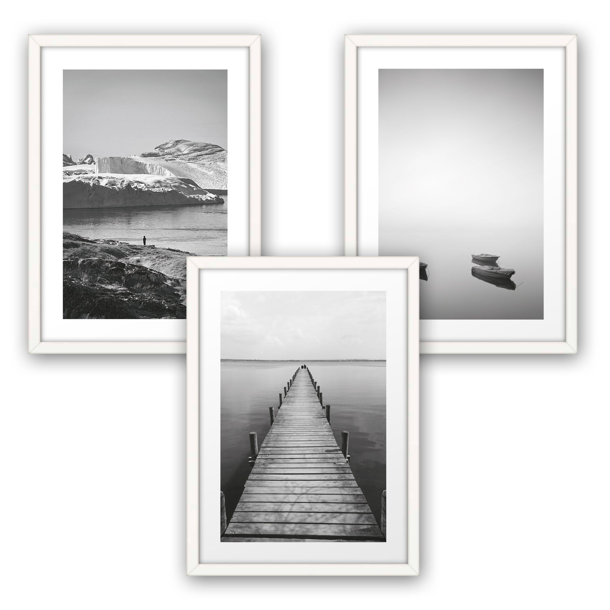 Kreative Feder Poster, Fokus, Natur, Landschaft, See, Küste, Meer, Wasser, Boot, Schwarz-Weiß, Fotografie (Set, 3 St), 3-teiliges Poster-Set, Wandbild, optional mit Rahmen, DIN A4 oder A3