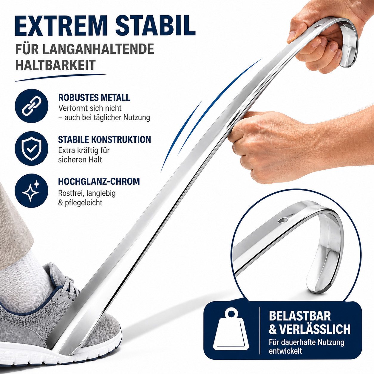TelMo Schuhlöffel 70cm Schuhanzieher aus Metall, verchromt, sehr stabile Ausführung