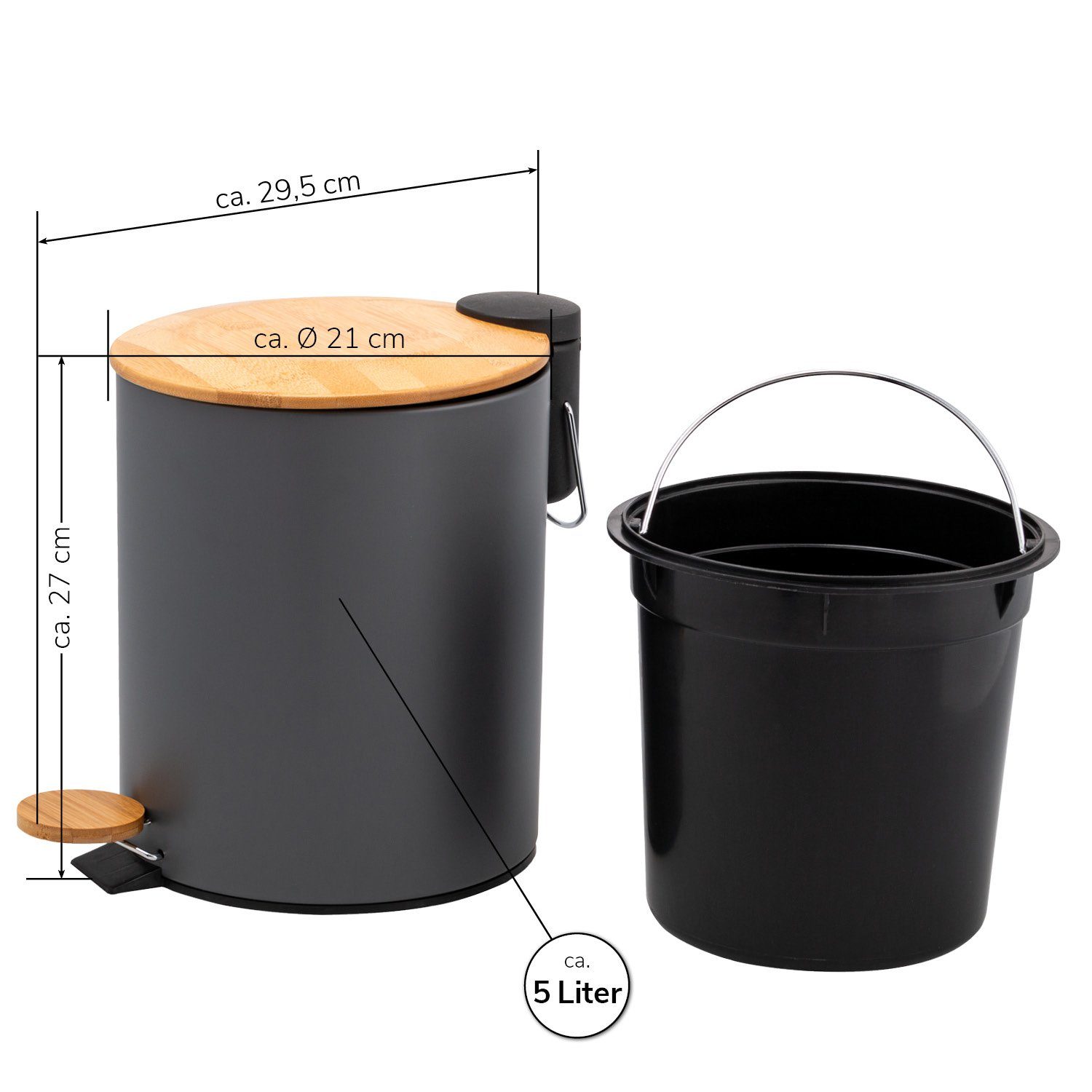 bremermann Kosmetikeimer Mülleimer mit Bambus-Deckel, Bad-Abfalleimer mit Soft-Close 5 l, grau