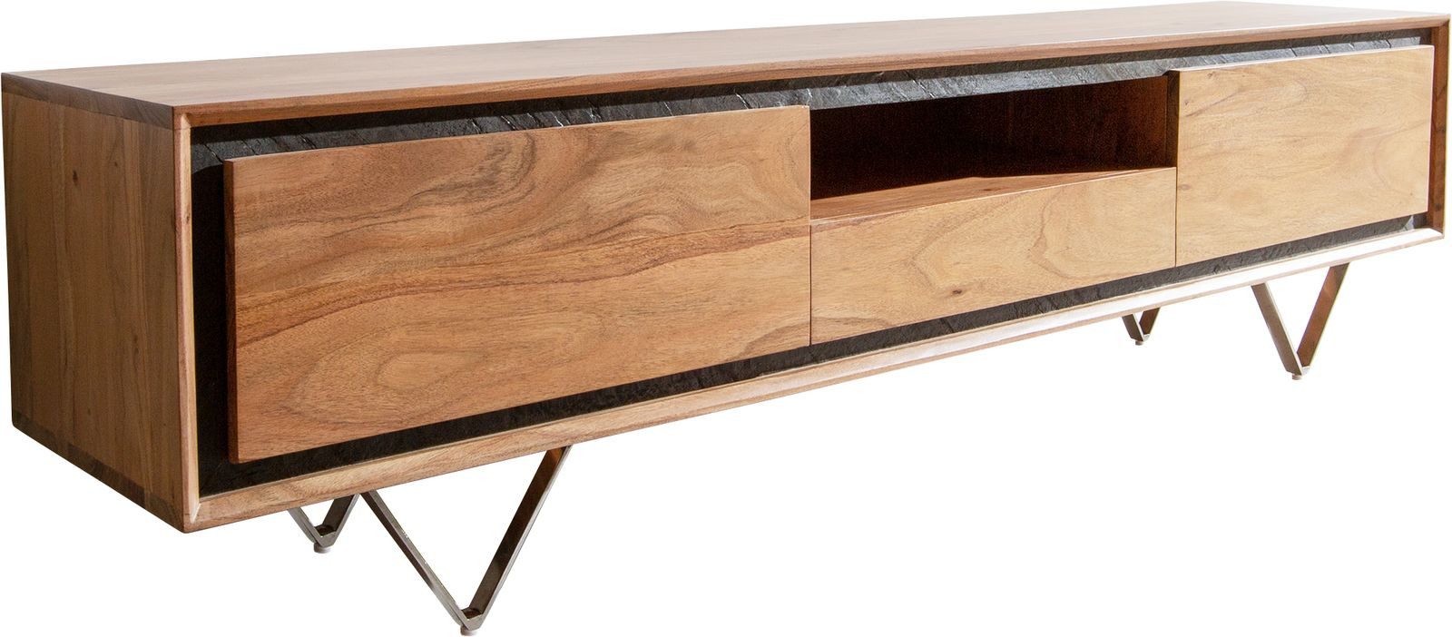 DELIFE Lowboard Stonegrace, Akazie Natur 175 cm 2 Türen 1 Fach 1 Schub Steinfurnier V-Fuß