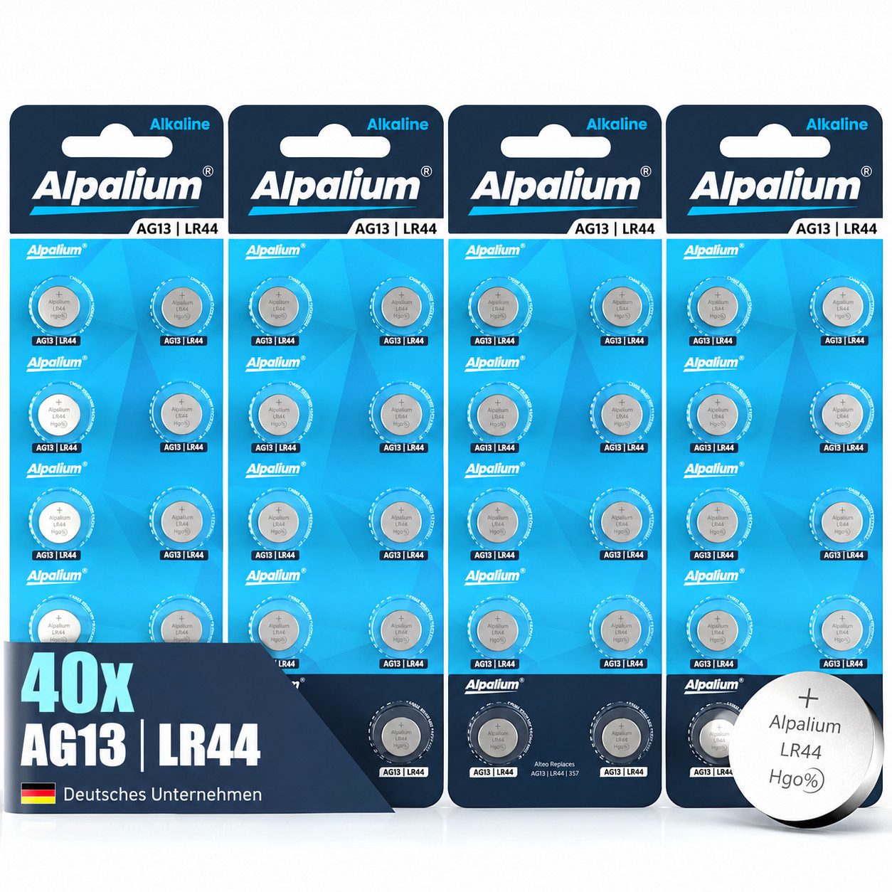 ALPALIUM AG13 LR44 Knopfzellen Batterien 40 Stück Alpalium Alkaline Knopfzelle, LR44 (1.5V V), lange Lagerfähigkeit, umweltfreundlich verpackt, Vorratspack