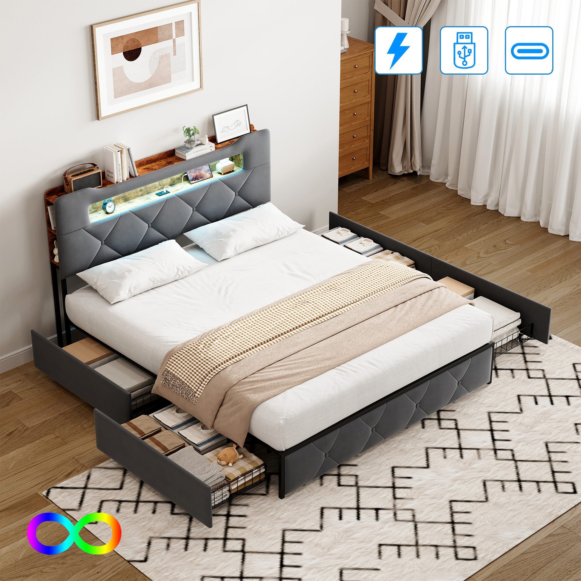 Gdood Polsterbett LED Stauraumbett 140x200cm, Doppelbett mit Kopfteil und 4 Schubladen (1-tlg., Samtmaterial Polsterbett mit RGB Beleuchtung), Bett mit Lattenrost, Ladefunktion, Komforthöhe und leisem Design