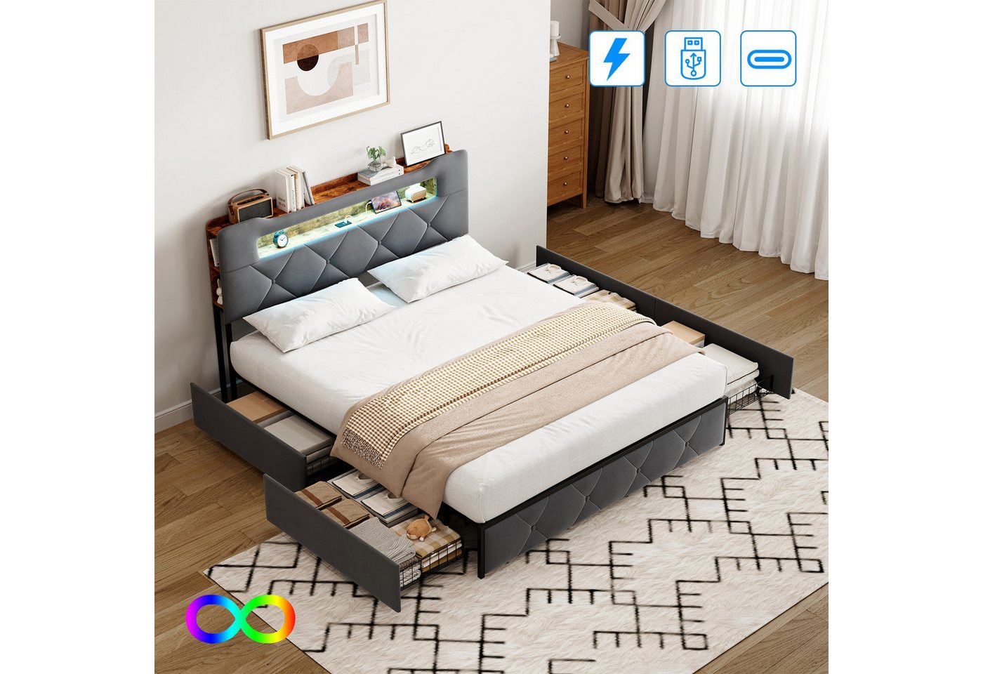Gdood Polsterbett LED Stauraumbett 140x200cm, Doppelbett mit Kopfteil und 4 Schubladen (1-tlg., Samtmaterial Polsterbett mit RGB Beleuchtung), Bett mit Lattenrost, Ladefunktion, Komforthöhe und leisem Design