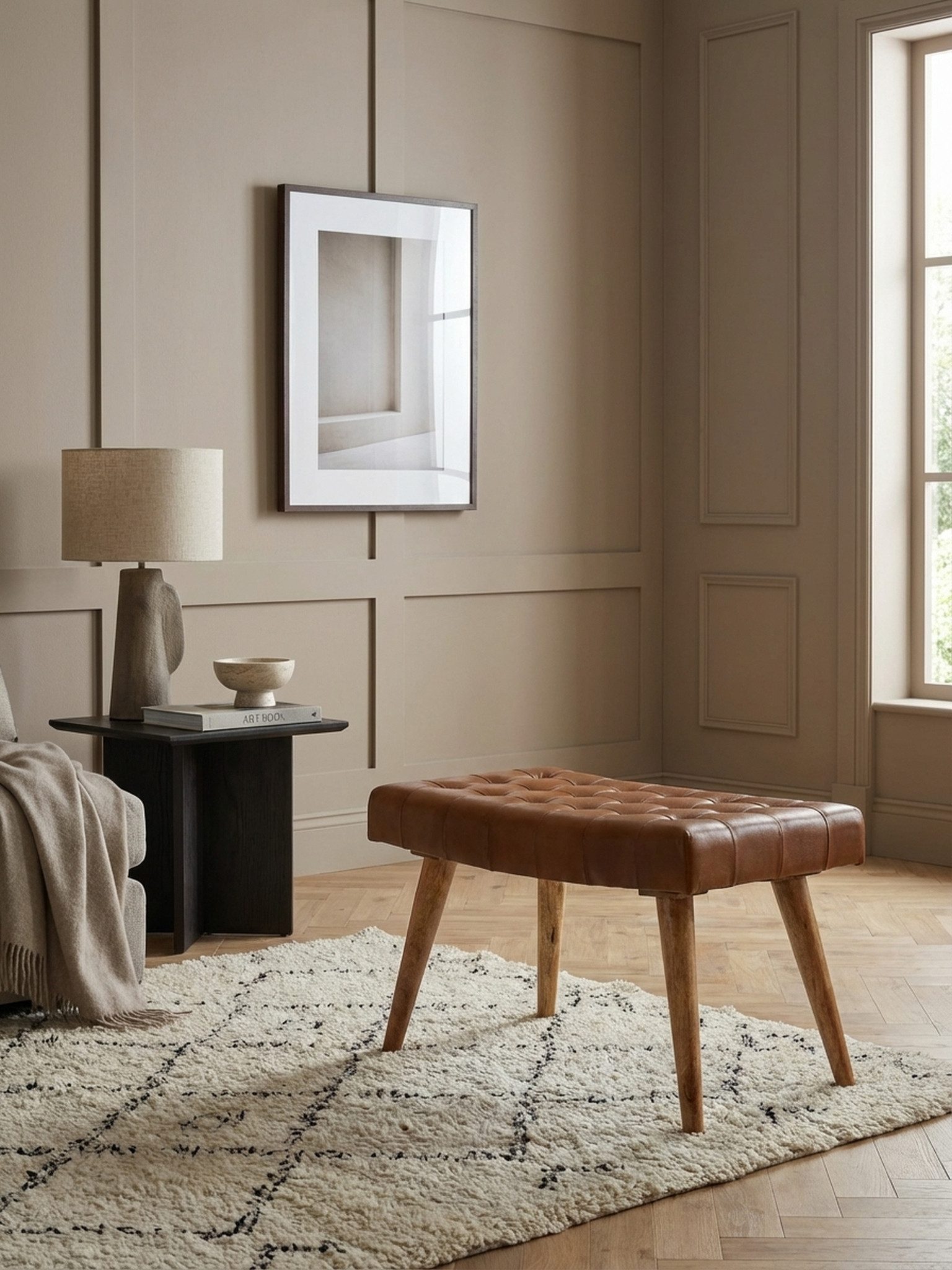 KADIMA DESIGN Sitzhocker Stilvoller Chesterfield-Lederhocker, Holzbeine für Wohnzimmer