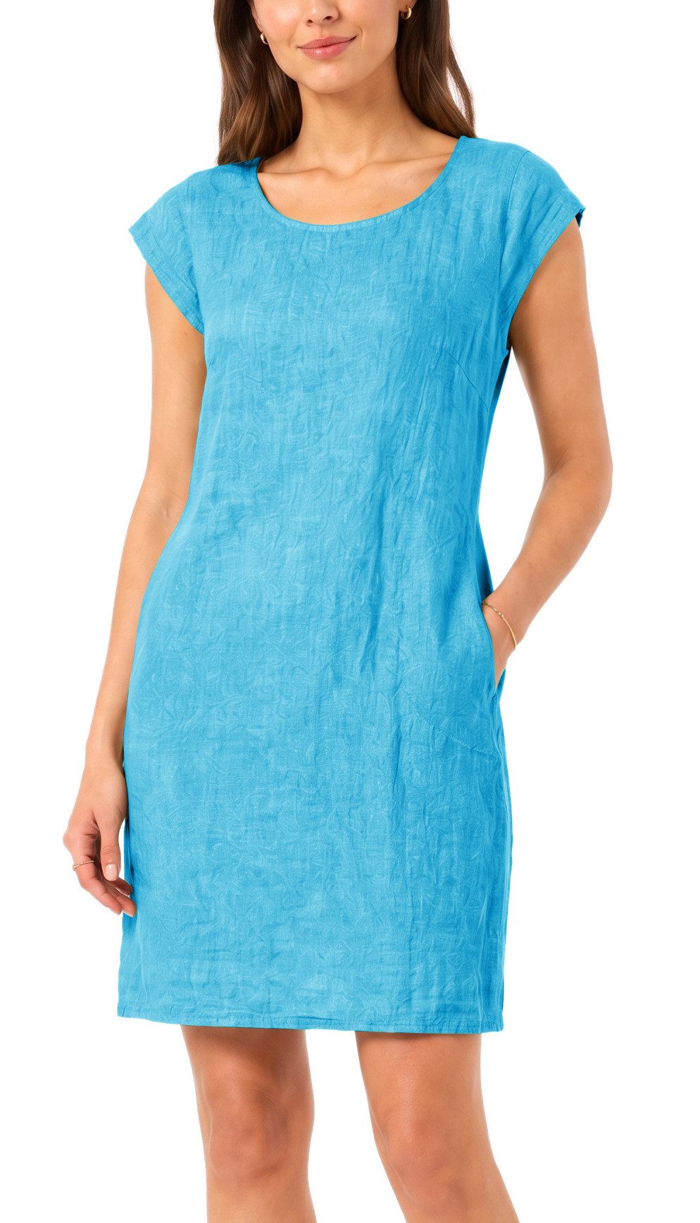 dy_mode Midikleid Einfarbiges Damen Leinenkleid Sommerkleid Kurzarm Midi Kleid in Unifarbe, mit Eingriffstaschen, leicht taillierte Passform